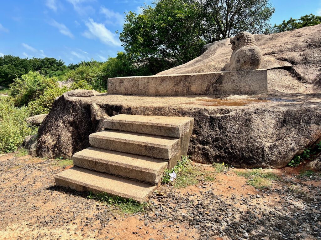 Yudhistir's rock-cut throne at Mahabalipuram.
