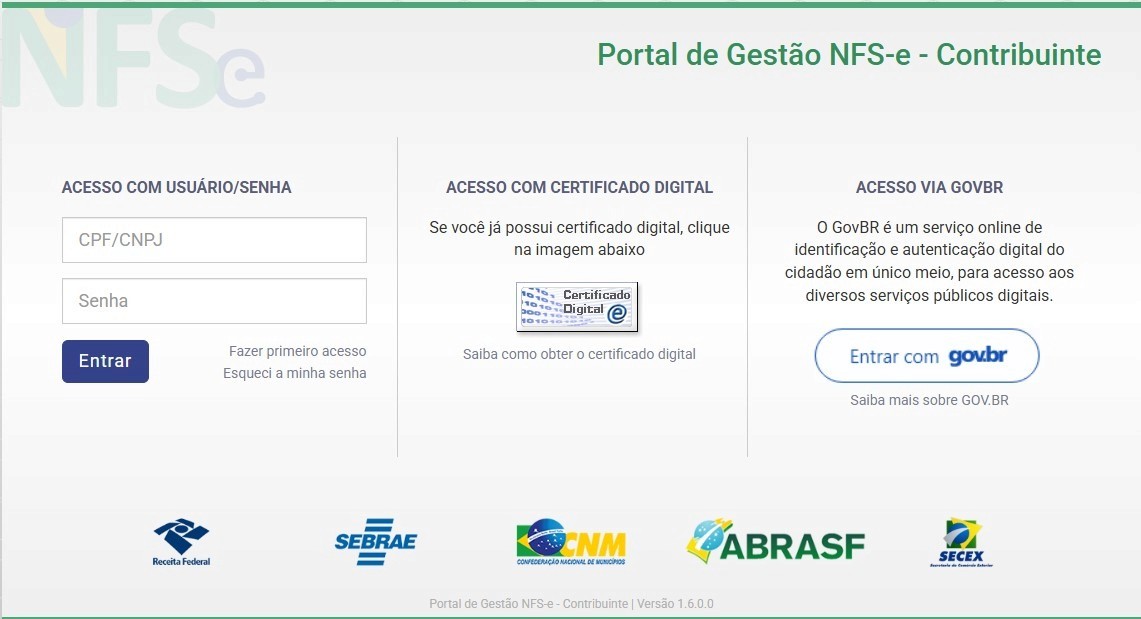 Tela do Portal de Gestão NFS-e para contribuinte, com opções de acesso por usuário e senha, certificado digital ou conta gov.br.
