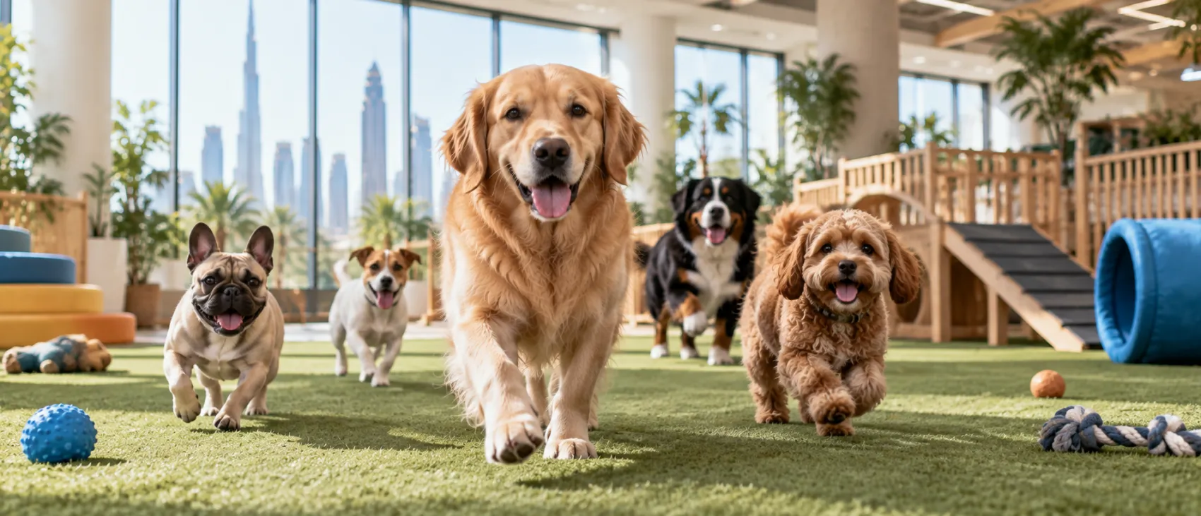 Several dogs of different breeds playing together in an indoor park with the Dubai skyline visible outside.