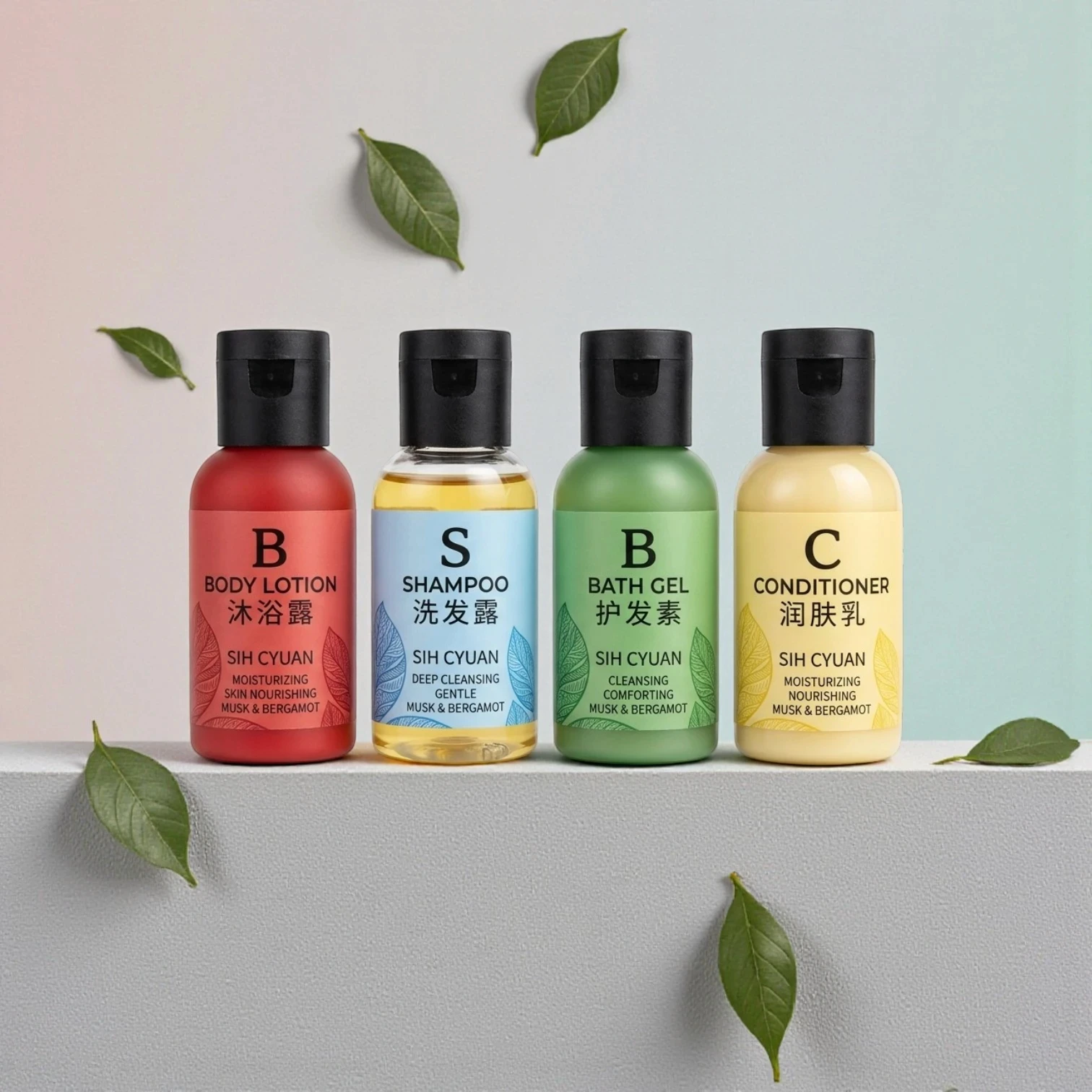 Bulk hotel amenities kit with sustainable packaging, featuring customizable bottles and logo branding for boutique hotels and hospitality chains.