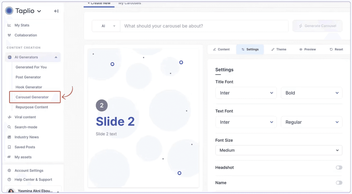 Taplio's carousel generator, providing the user a prompt for carousel topic and settings for text formatting and personal branding