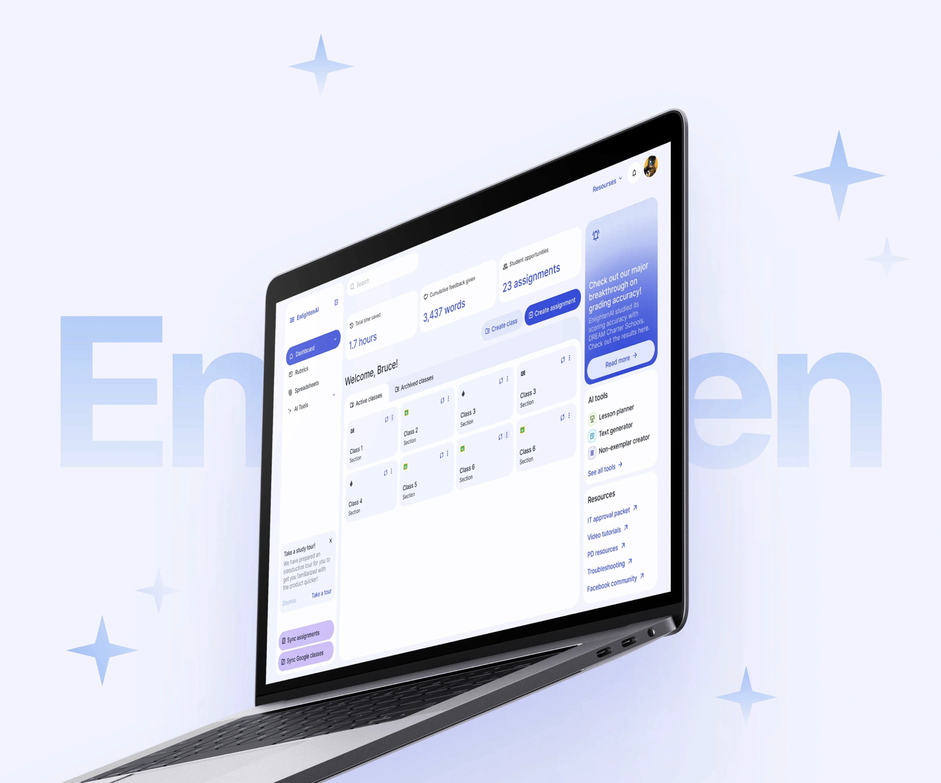 A laptop displaying the EnlightenAI dashboard is set against a light blue background with star icons and the word 'Enlighten' partially visible. The dashboard shows an overview of hours, words, and assignments, with options for creating assignments, syncing with Google classes, and accessing various AI tools and resources.