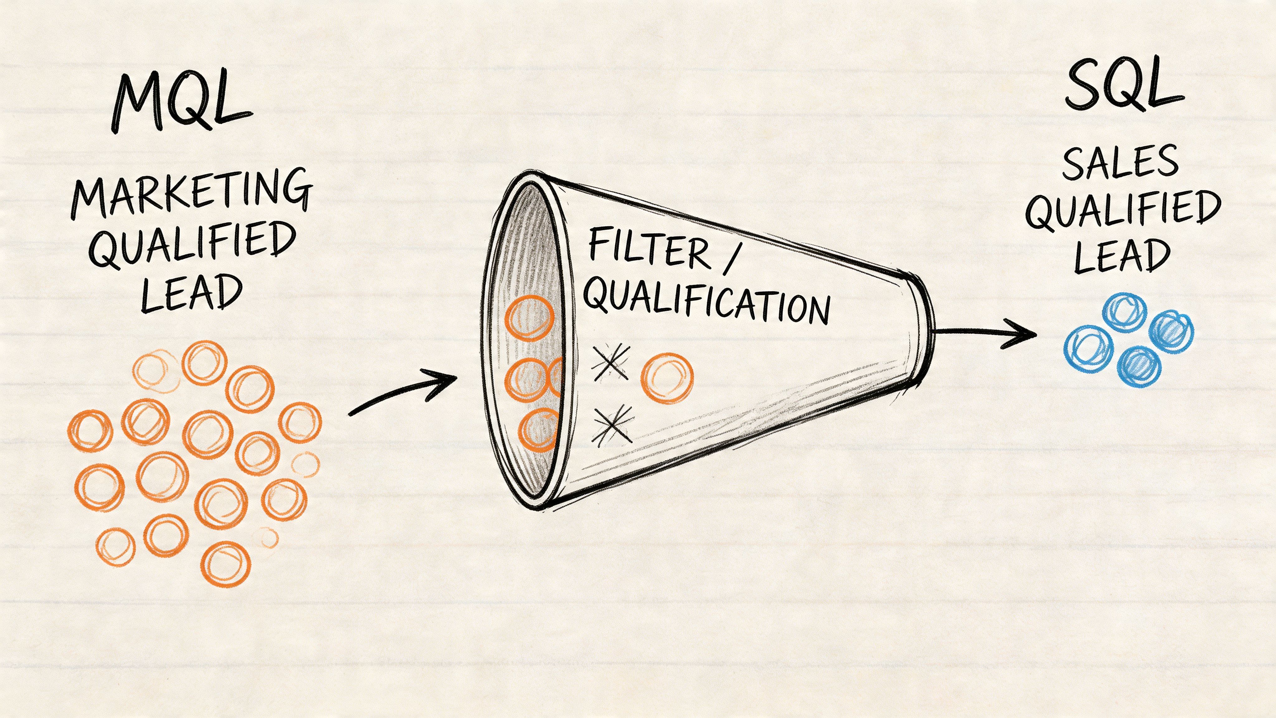 A hand-drawn illustration showing MQL marketing qualified leads entering a funnel for filtering into SQL sales qualified leads.