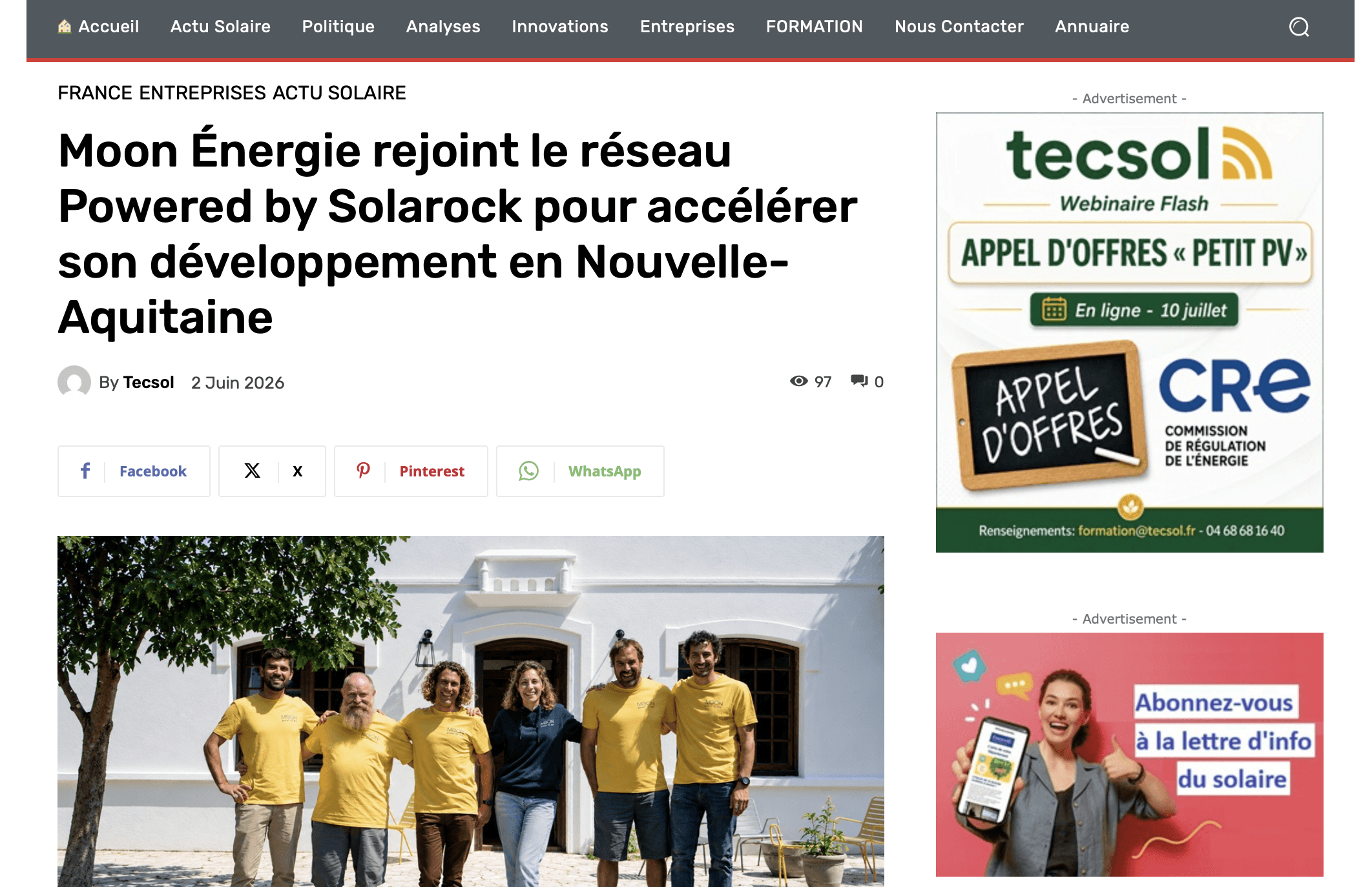 Photo du journal Tecsol qui a fait un article sur Solarock suite à l'annonce de son nouveau powered by, Moon Énergie