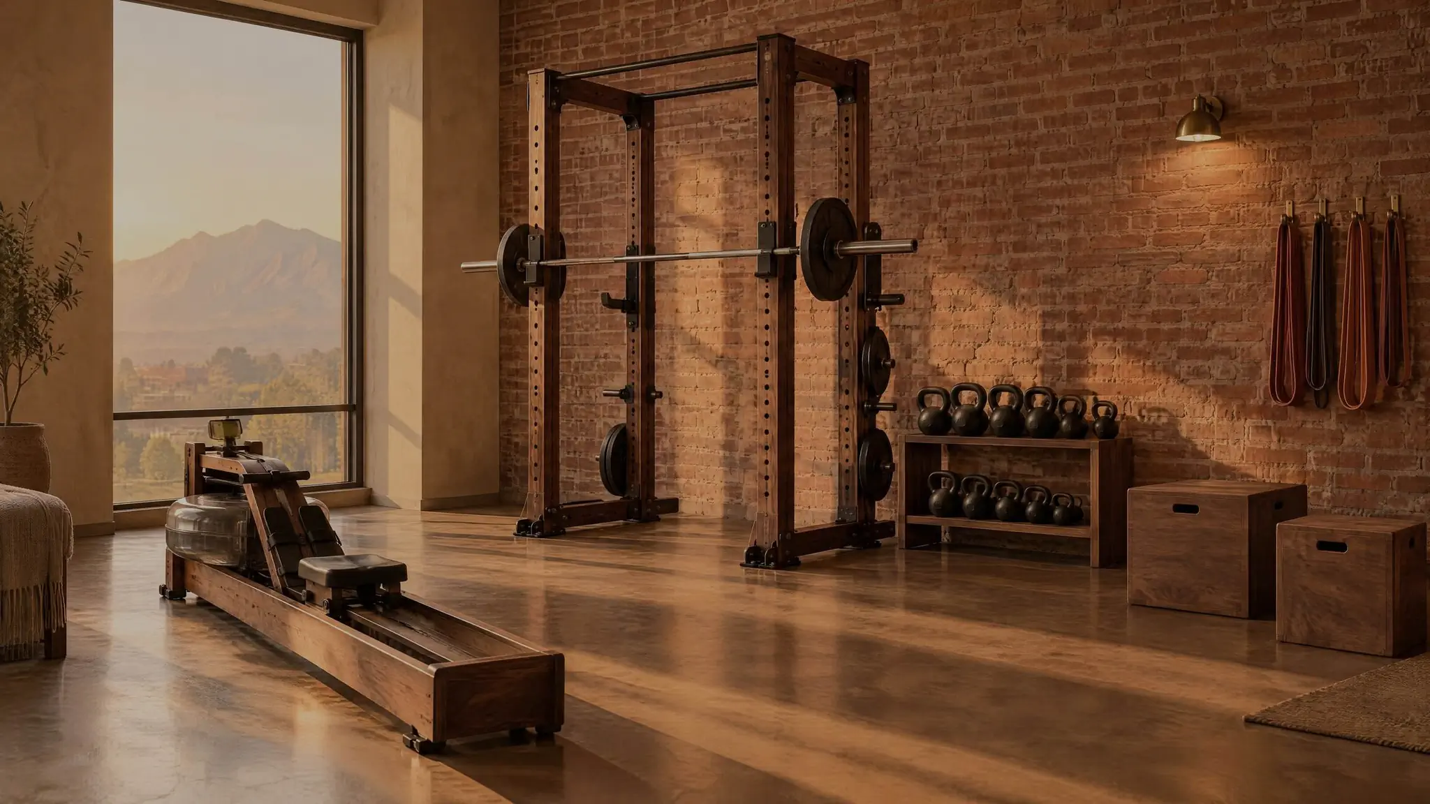 Strength corner with a brick wall, a squat rack and dumbbells in low golden sun