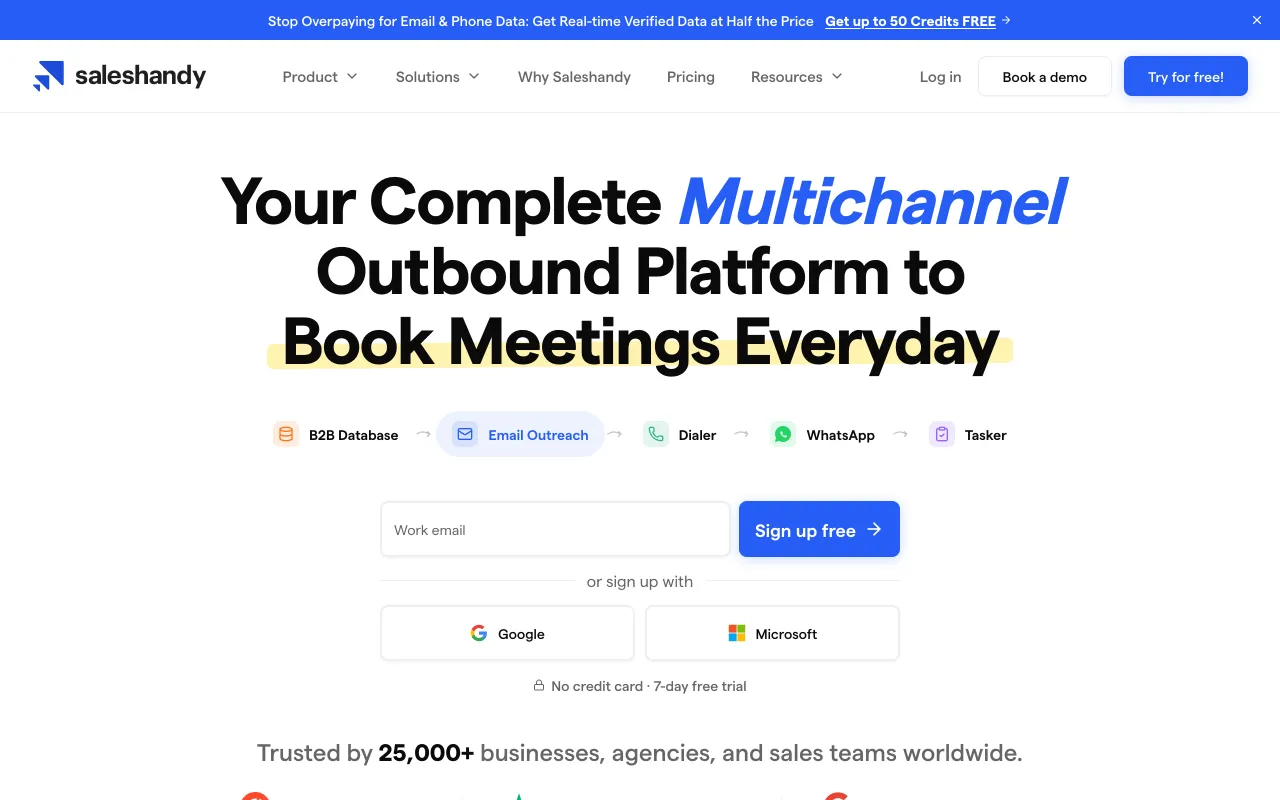 Saleshandy homepage, cold email outreach and lead finder platform