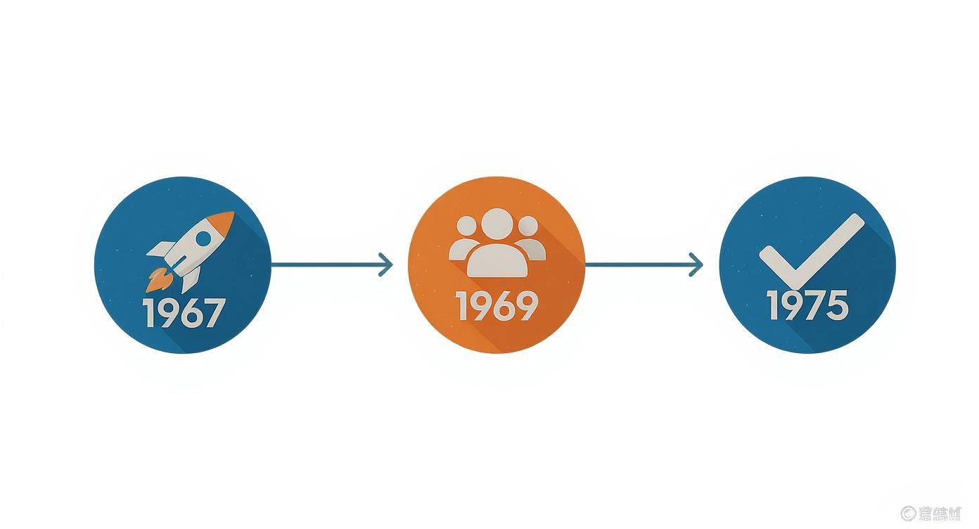 Timeline showing three milestone years 1967 rocket launch, 1969 team collaboration, and 1975 completion checkmark