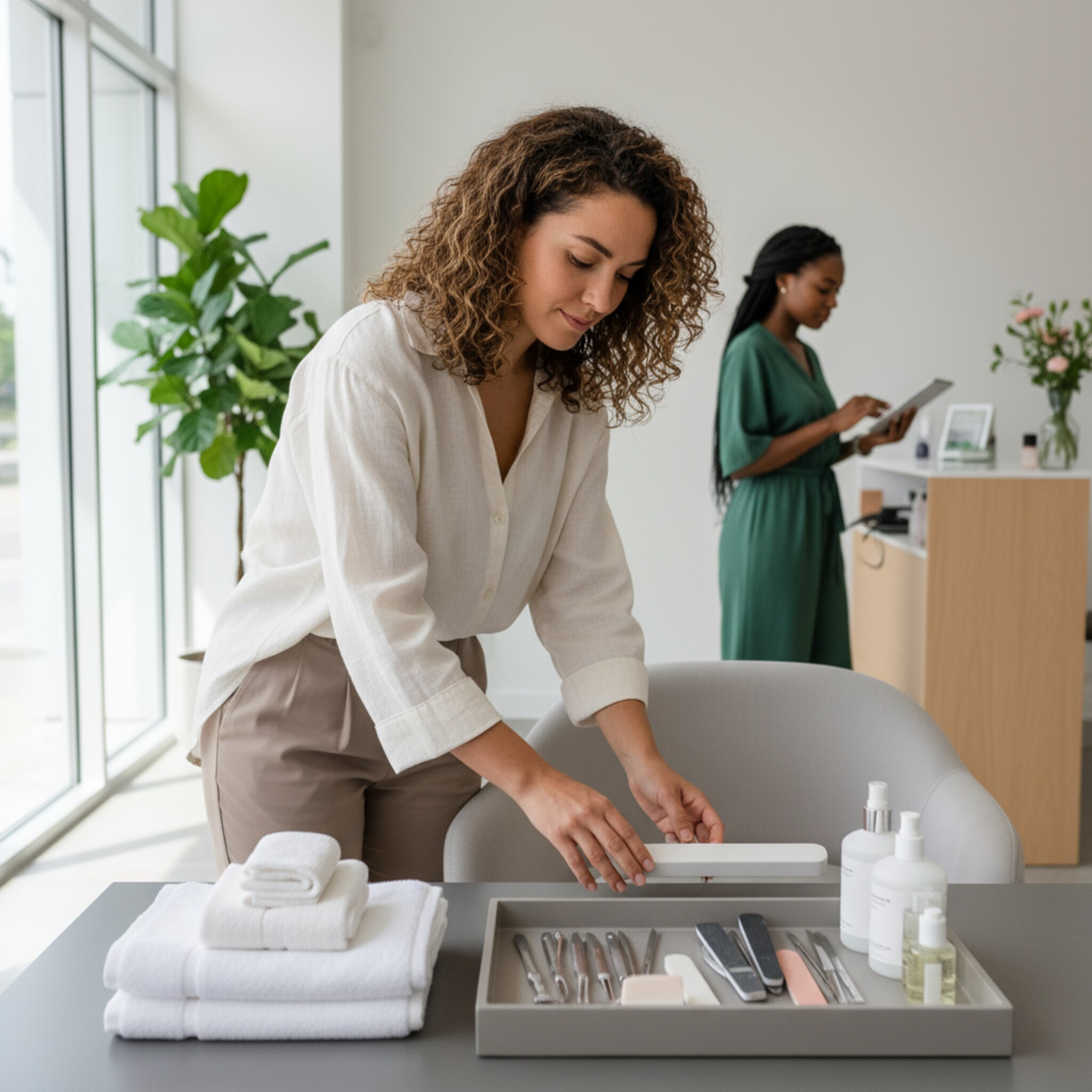Ein Arbeitsplatz ist für die nächste Behandlung vorbereitet: frische Handtücher, sortierte Feilen, dezente Pflegeprodukte. Eine Stylistin richtet den Stuhl aus, eine zweite überprüft diskret den Ablauf im Hintergrund. Die Szene strahlt Routine und Timing aus, als wäre jeder Wechsel perfekt eingeplant.