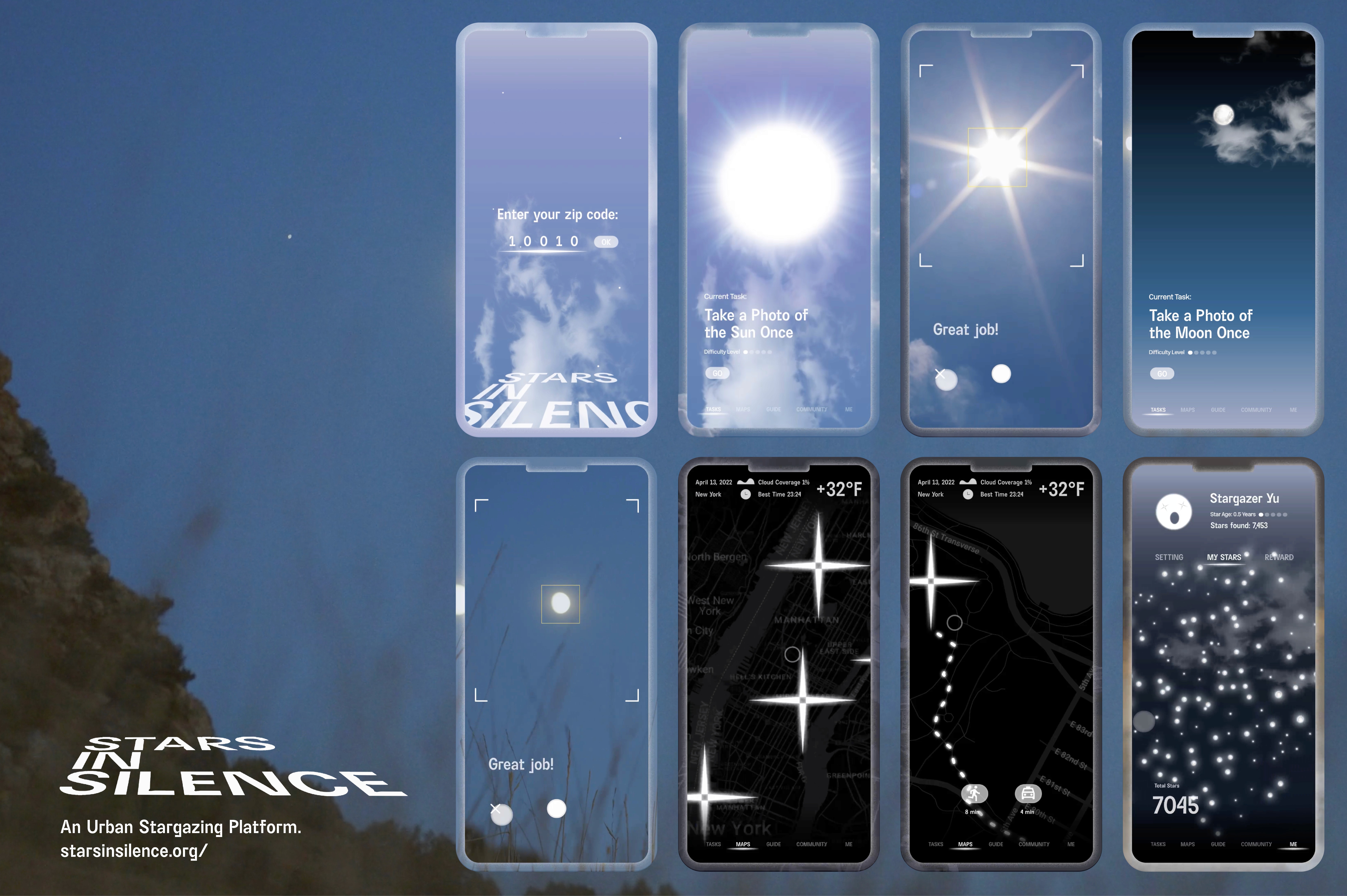 The image showcases a grid of nine smartphone screens displaying various “Stars in Silence” themed interfaces against a blue sky background. The screens showcase different visual designs, including cloud and sun imagery, minimalist interfaces with text and icons, and abstract patterns. The “Stars in Silence” logo is prominently displayed in the bottom left corner, with the tagline “An Urban Stargazing Platform. starsinsilence.org/” below it.