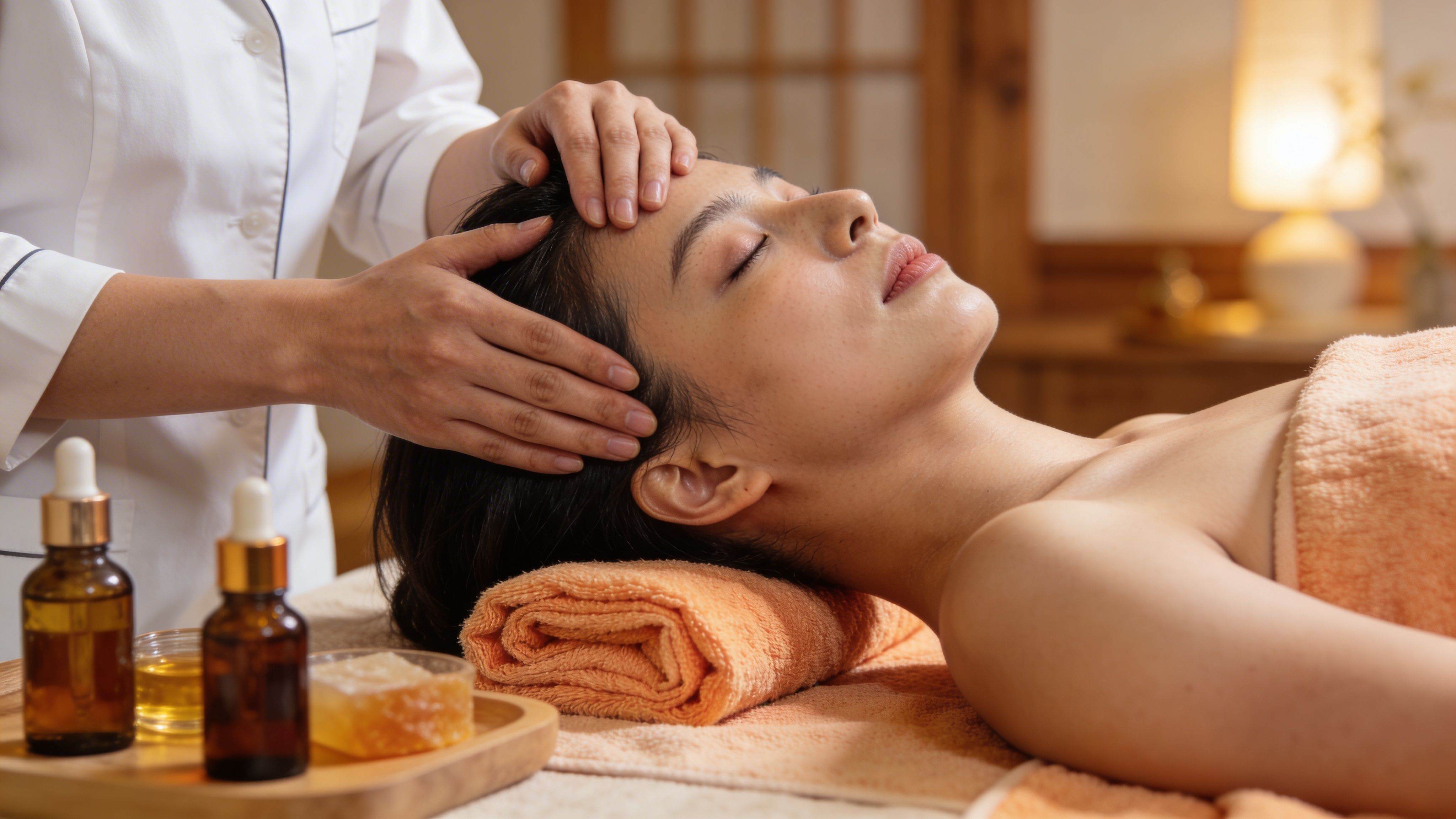 A professional massage therapist performing a relaxing head massage for a young woman in a wellness spa.