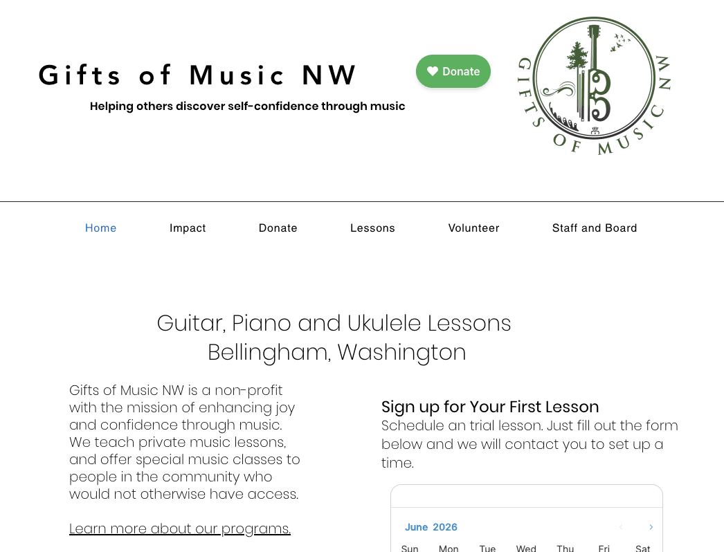Original Gifts of Music NW homepage with lesson information, donation button, navigation menu, and lesson sign-up section.