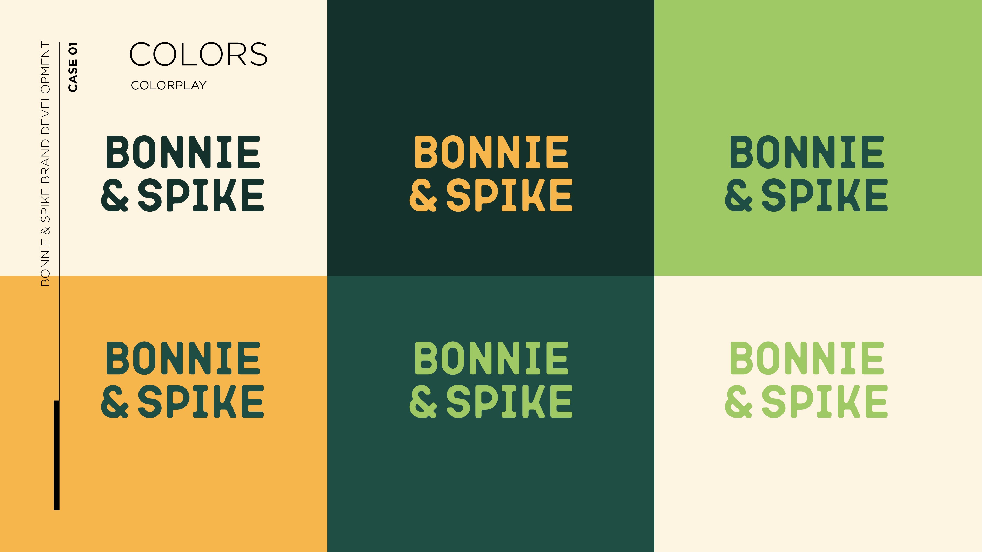 Farbwelt und Gestaltungssystem im Branding von Bonnie & Spike – frische, kontrastreiche Farbpalette mit klarer Struktur