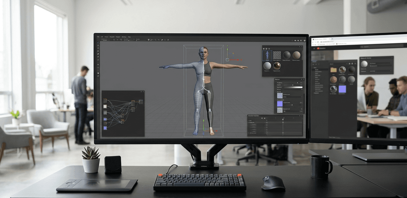Custom 3D avatar models being prepared in modeling software for Unity.
