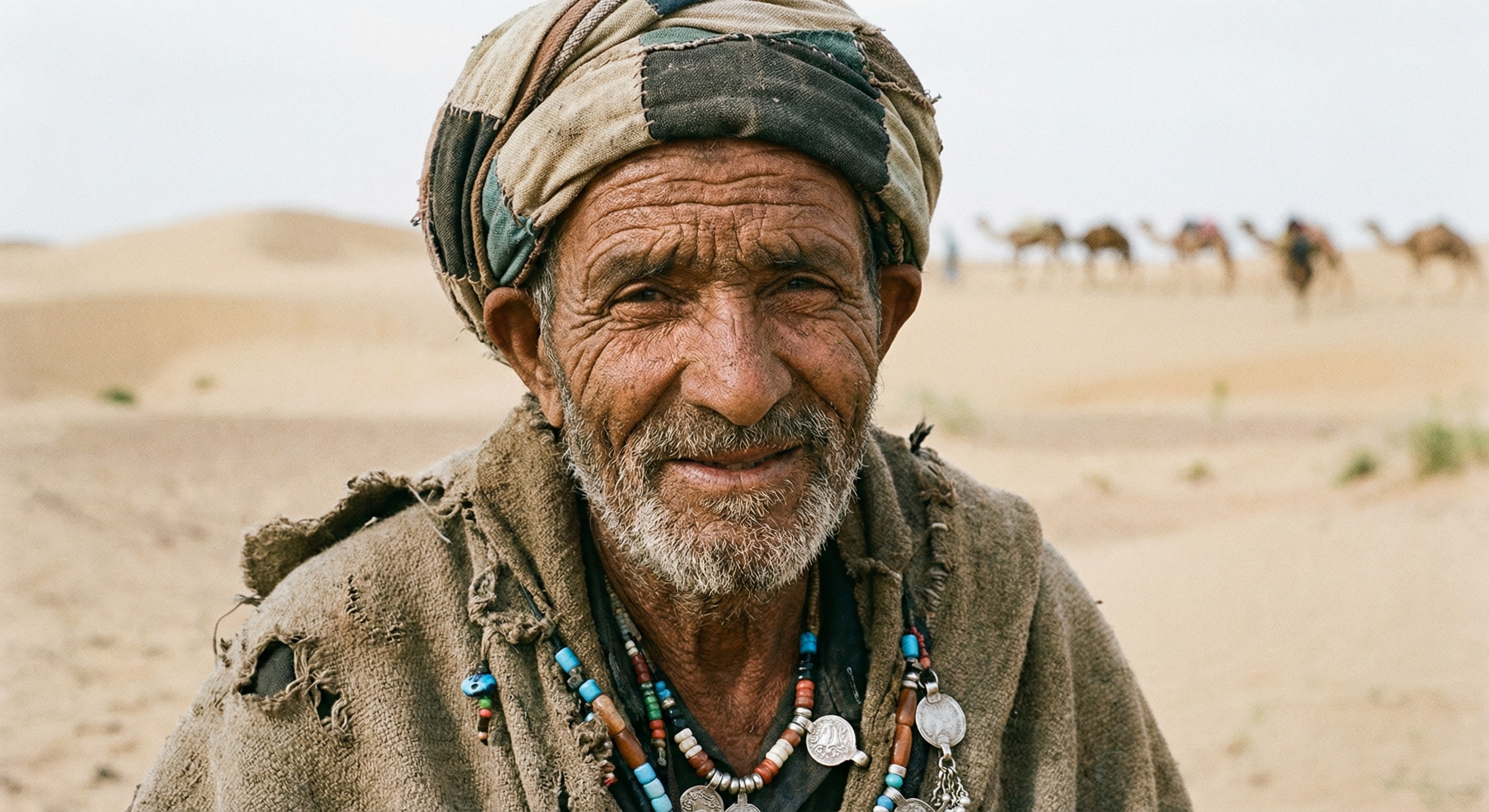 Close-up portrait of a nomadic traveler in desert, high skin detail, Nano Banana AI generation
