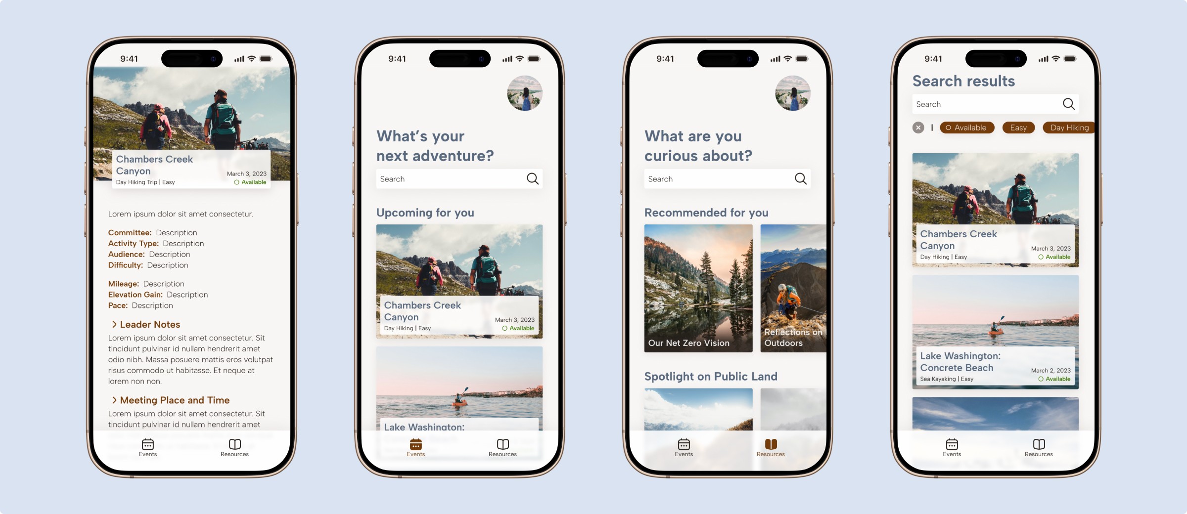 4 phone screens of the Mountaineers app; event details, event home, resource home and search results.