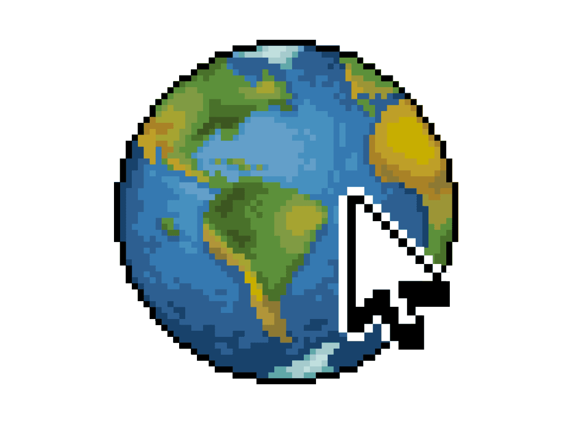 Pixelized earth with a white cursor overlaid.