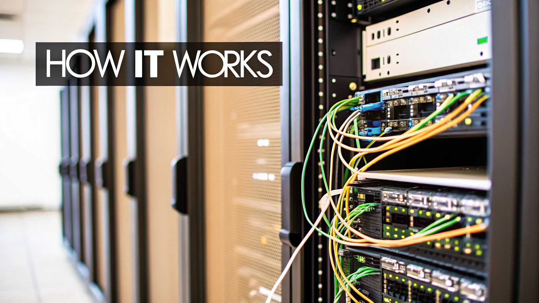 Close-up of server racks with various colorful network cables in a data center.