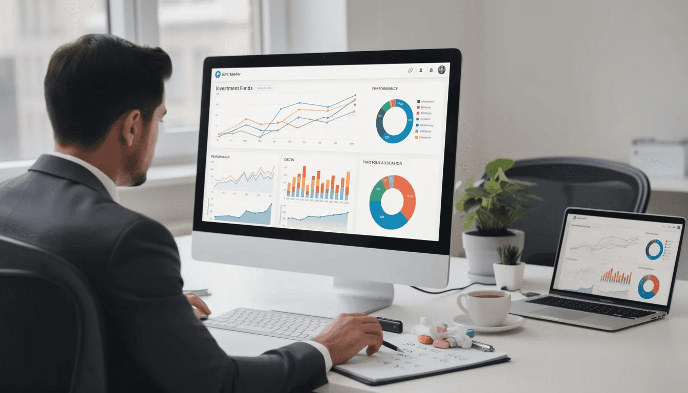 A person is seated at a desk, intently reviewing various investment fund options on their computer screen, where colorful charts and graphs illustrate the performance of mutual funds, exchange-traded funds, and other investment vehicles. The image captures the essence of evaluating a diversified portfolio to meet financial goals, showcasing the complexities of investment strategies in the stock market.