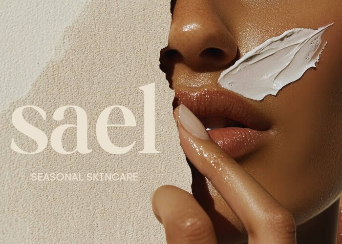 Sael Seasonal Skincare branding featuring a close-up beauty image with cream textures and natural tones, reflecting a modern, minimal skincare identity.