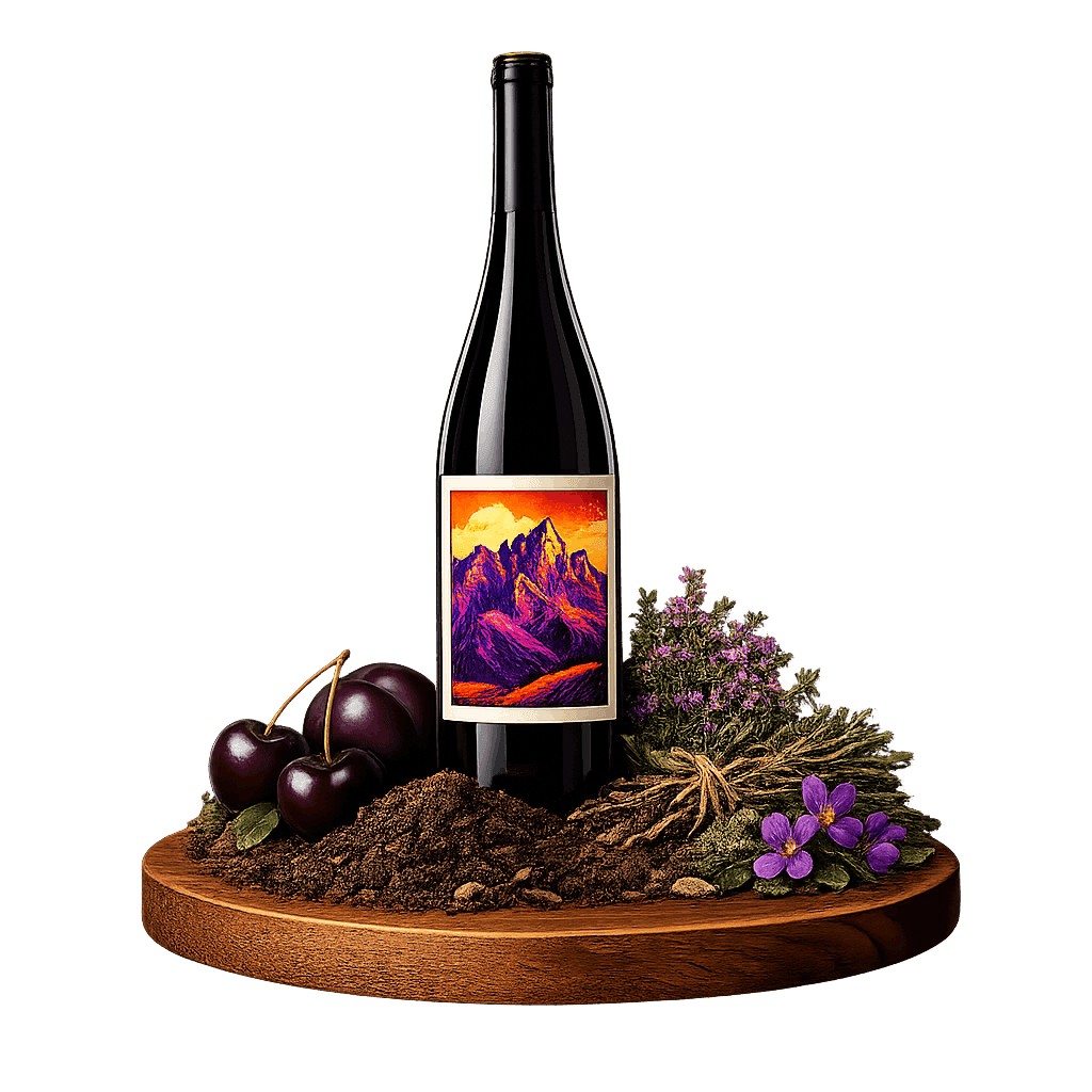 Artistic label and flavor profile for Central Otago Pinot Noir on a rustic wooden table.
