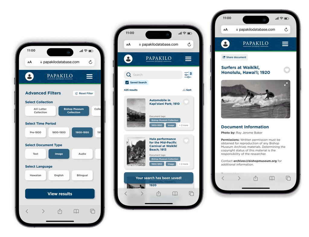 Three mobile screens from the redesigned Papakilo Database search and record views.