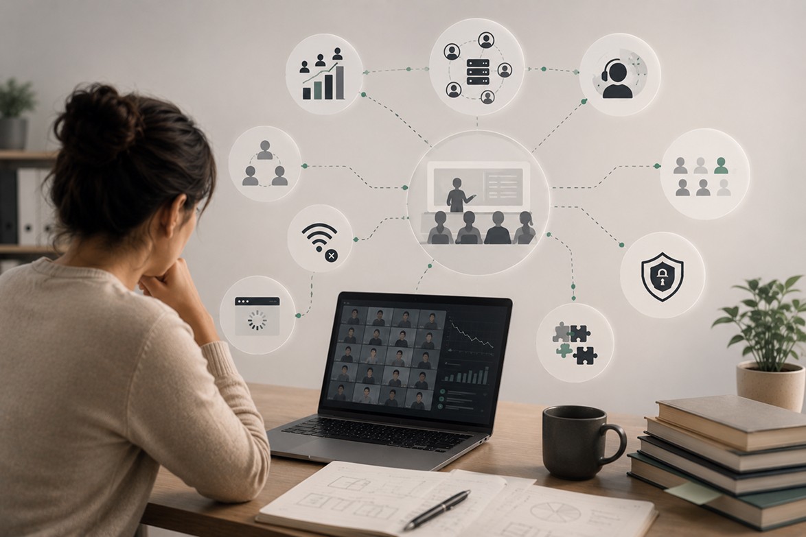 Teacher managing a growing online class system with connected tools for students, data, security, and support.