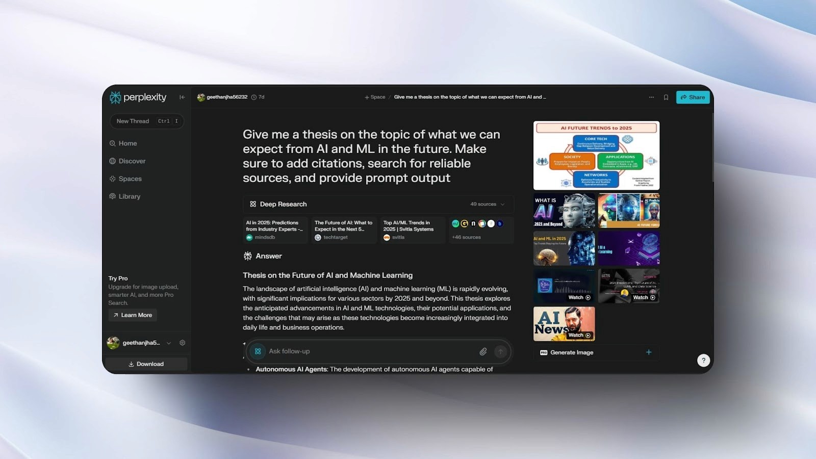 screenshot of Perplexity AI chat interface with a dark theme, generating a thesis on AI and ML future trends with citations and deep research.