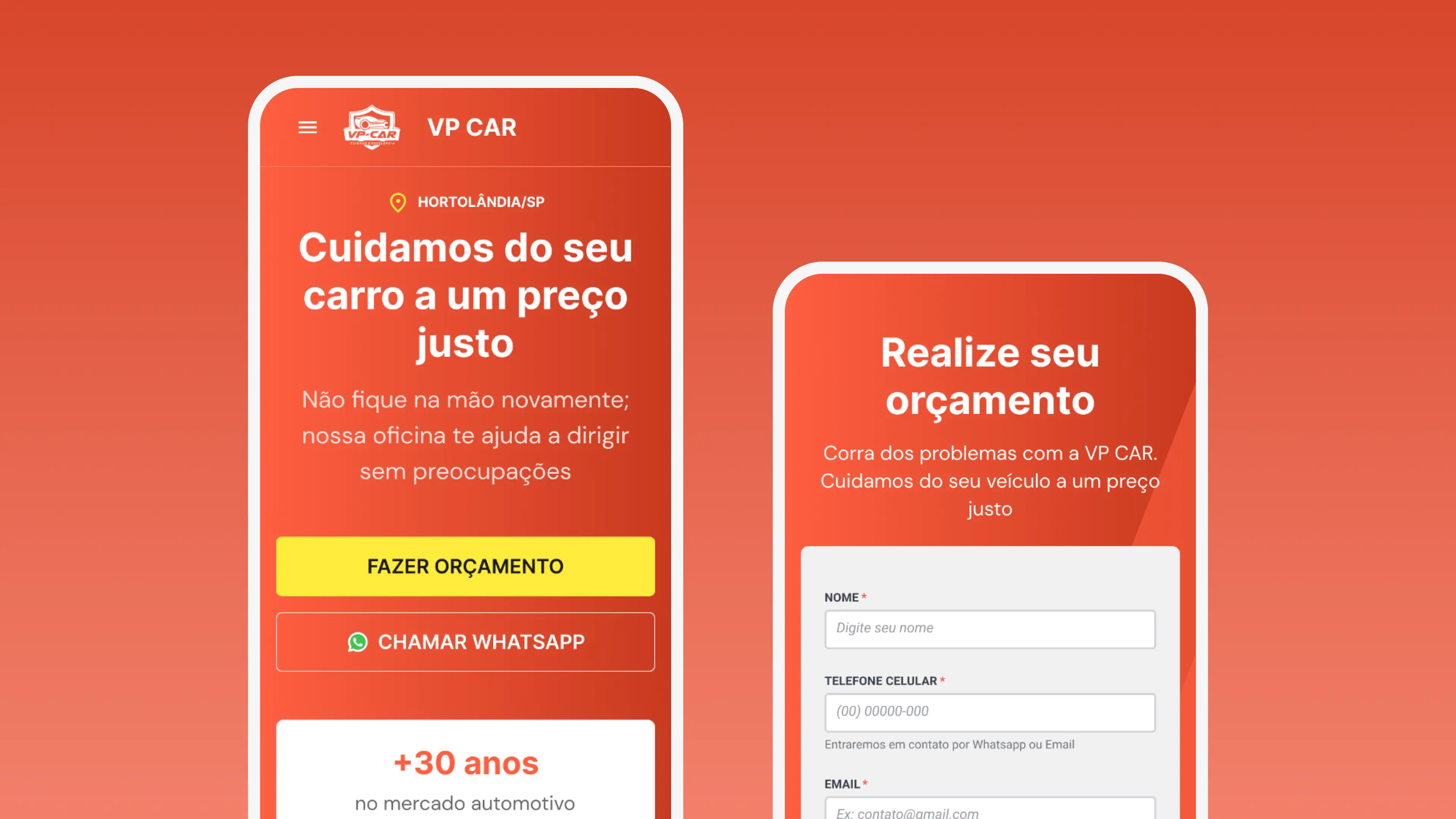 High-fidelity mobile mockup of VP CAR landing page with a quote request form, displaying service options, customer testimonials, and a prominent submit button for easy inquiries.