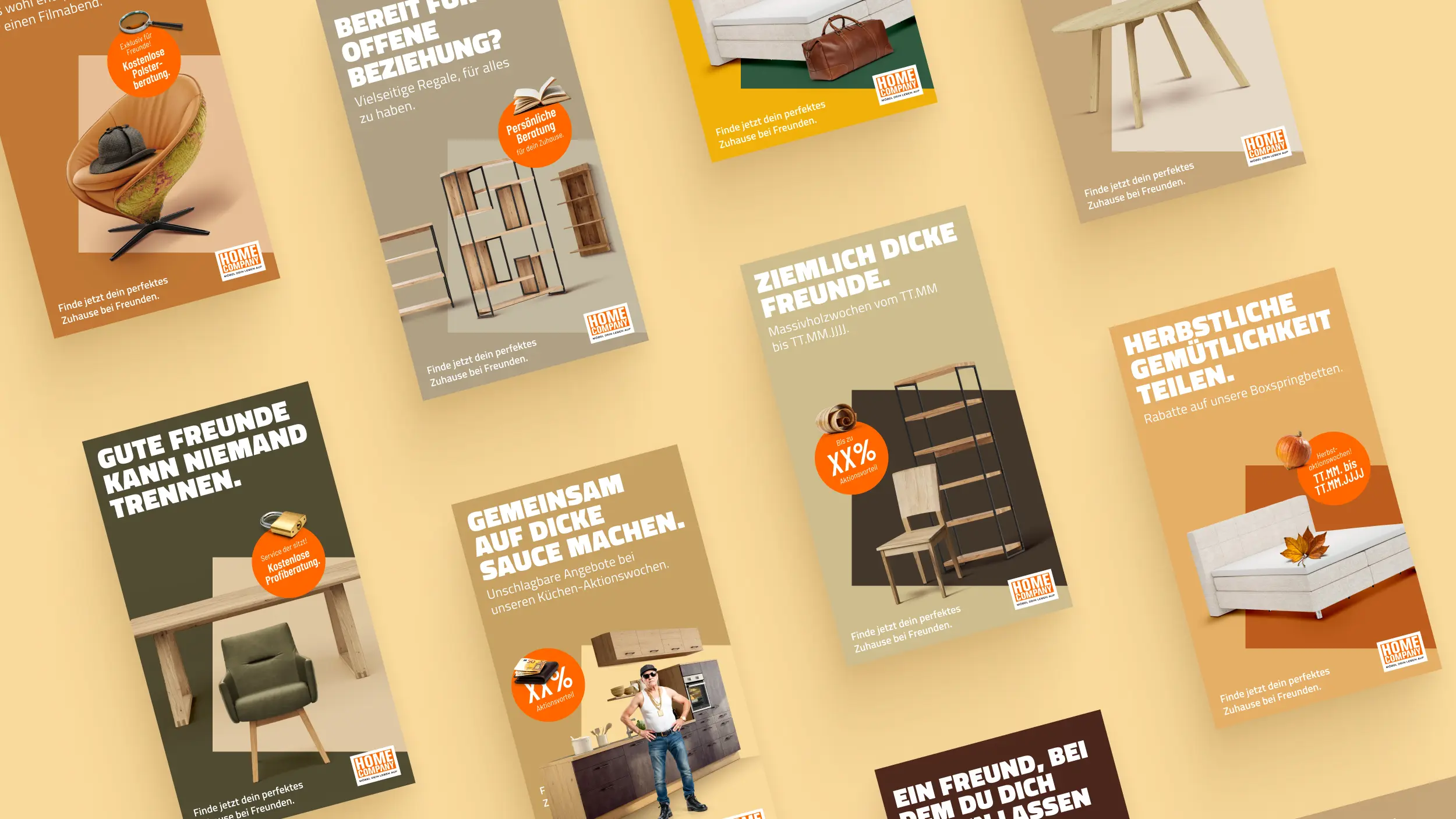 Social-Media-Raster mit mehreren Kampagnenmotiven: Polster, Freunde, Küche und Massivholz