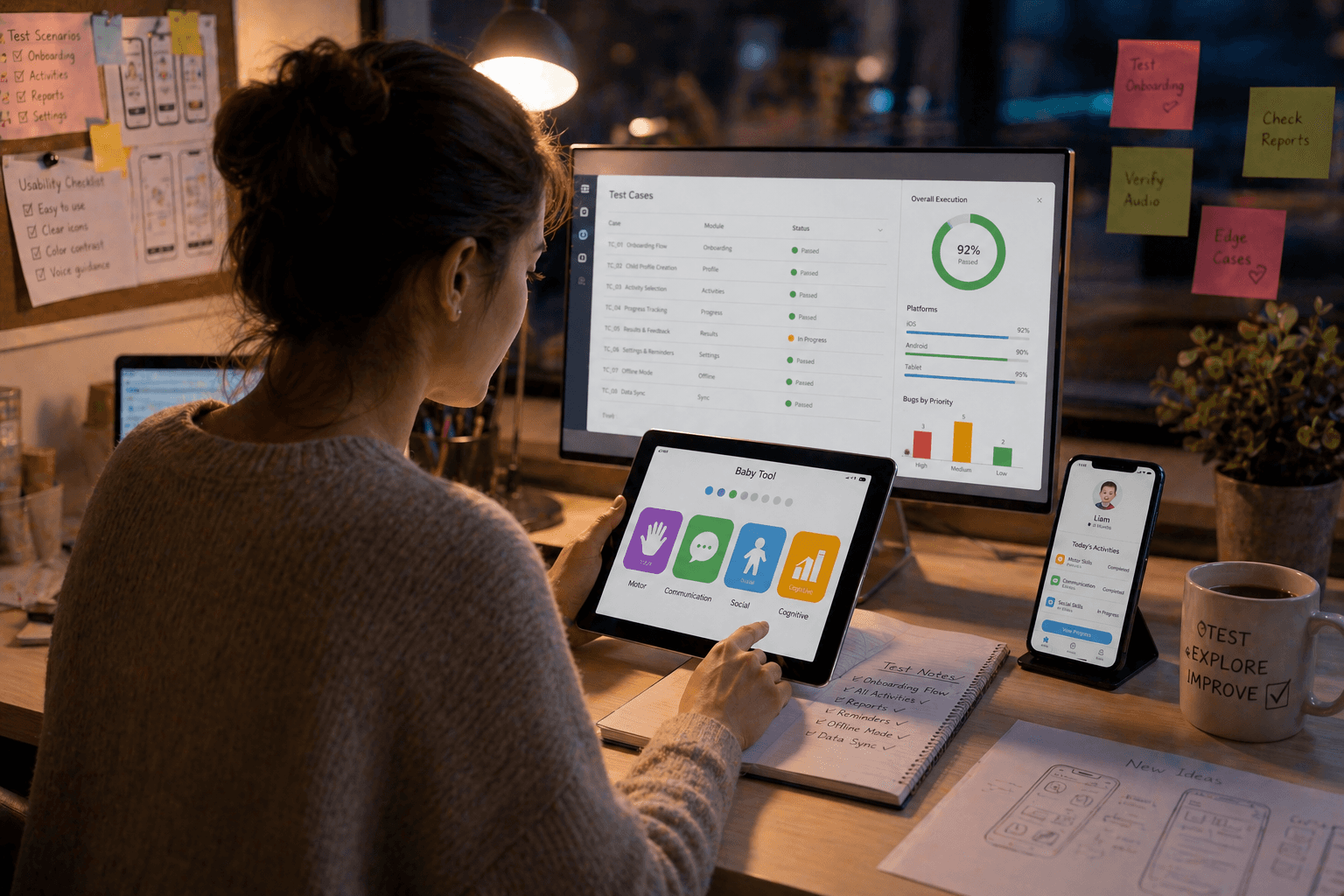 A person sits at a desk working on manual QA testing, analyzing test cases on a computer monitor, tablet, and smartphone, surrounded by UI/UX design sketches and notes by OQS.