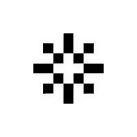 Geometric black cross with pixelated edges on a white background.