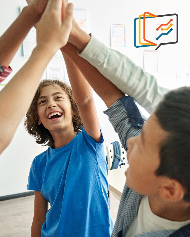 An image of a group of children excitedly giving a high-five, symbolizing teamwork and collaboration, with HeyHi's (an internal project) coloured logo on the top-right corner.