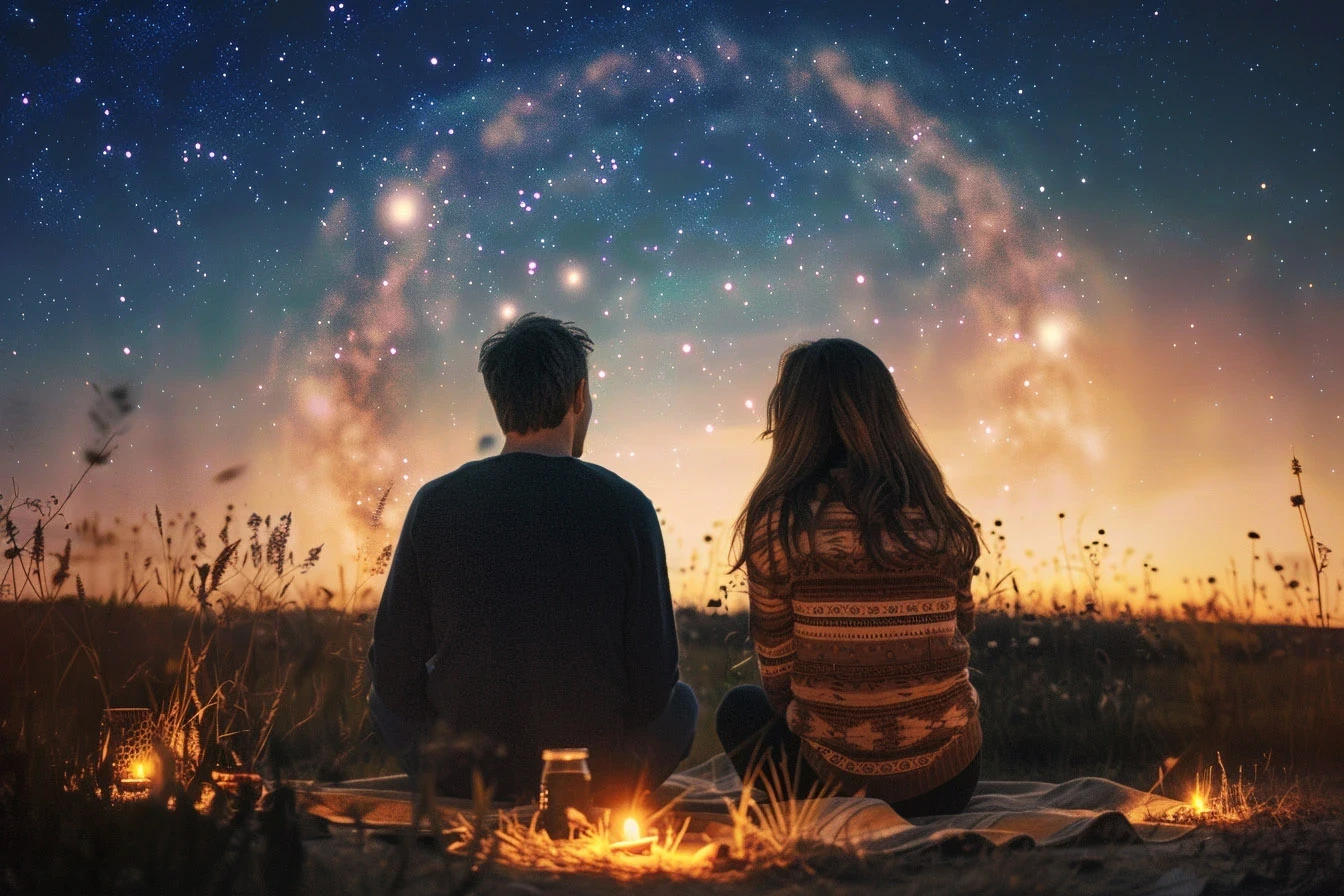 Man och kvinna sitter och tittar på en stjärnklar himmel, med mysigt ljus omkring dem.