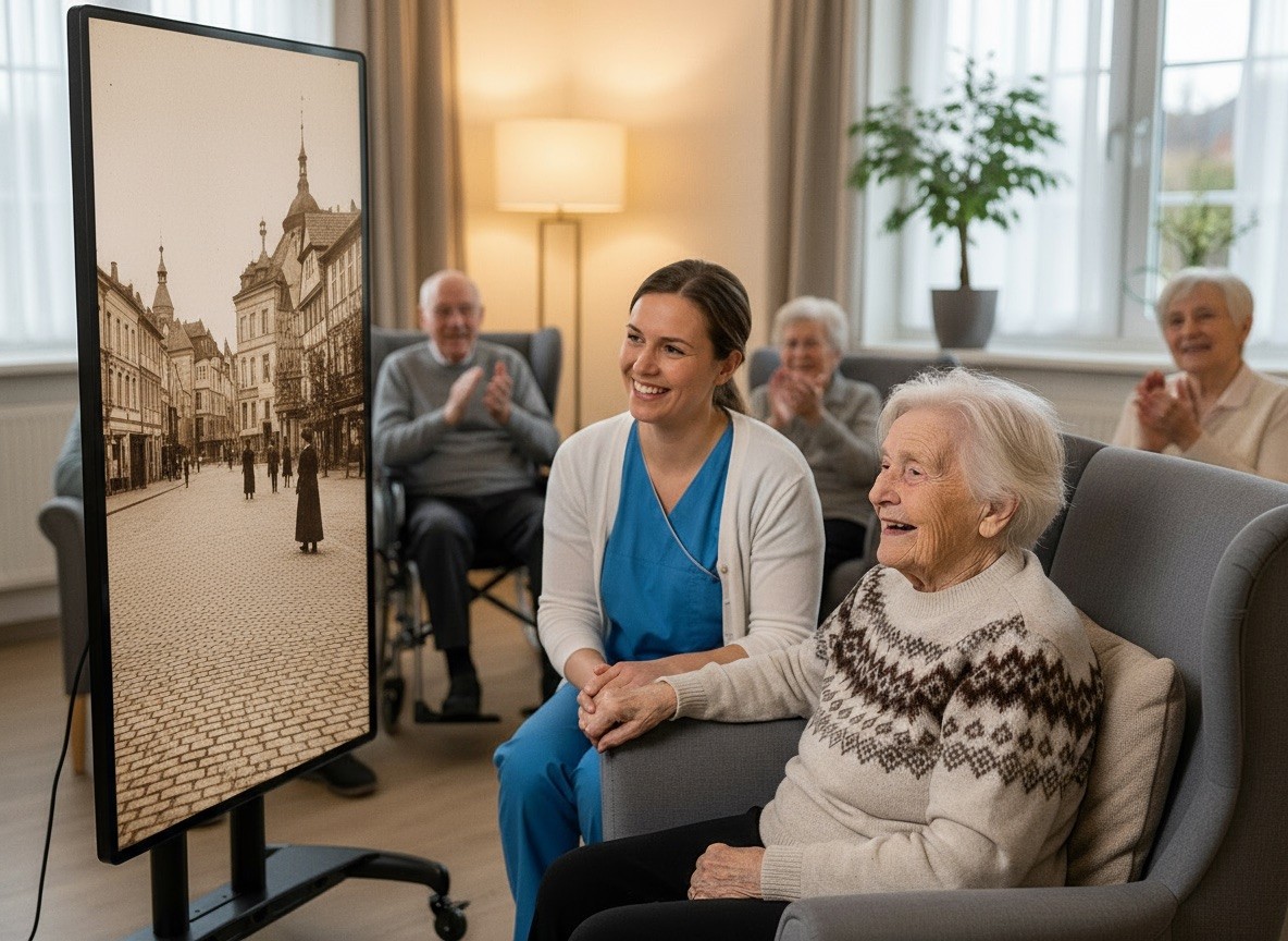 Bewohnerin arbeitet mit Betreuungskraft am Felix-Display an persönlichen Erinnerungen (Biografiearbeit)