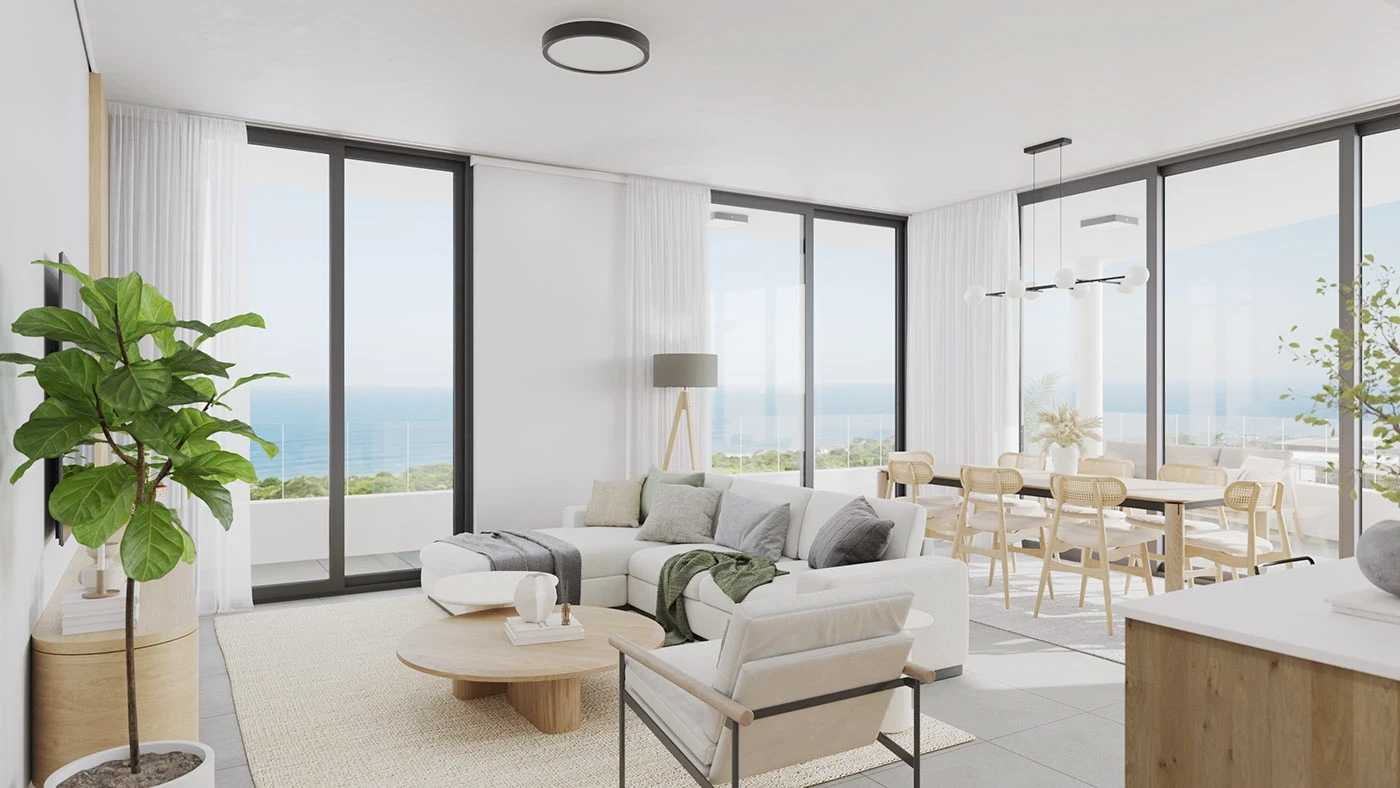 Luxurious modern living room with floor-to-ceiling windows showcasing panoramic ocean views, beige sectional sofa, wooden coffee table, and potted palm plant with natural light flooding the space