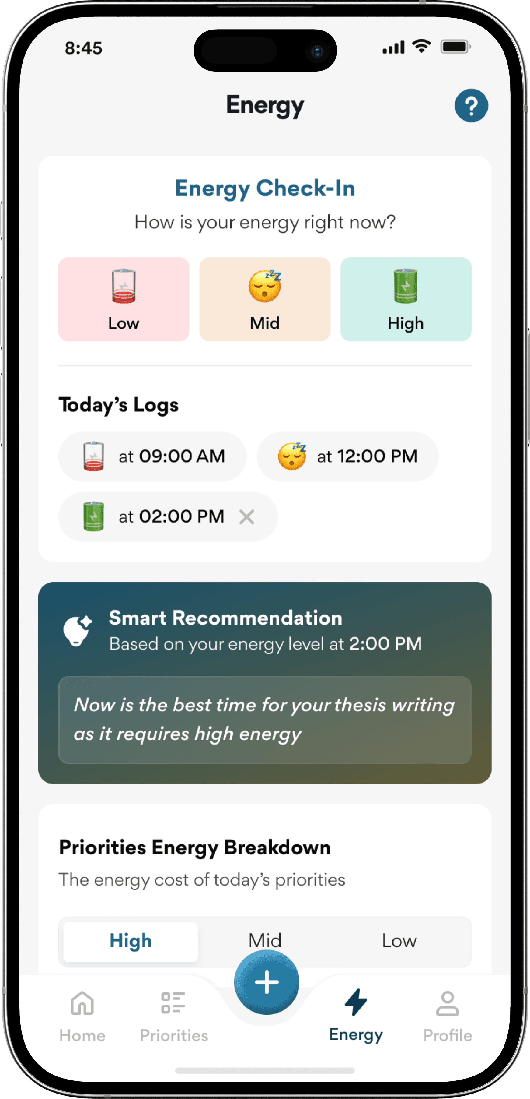 Phone mockup showing energy logs