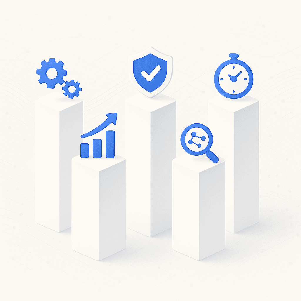Five illustrated pillars symbolizing key criteria for AEO tools: automation, citation lift, safety, speed, analytics