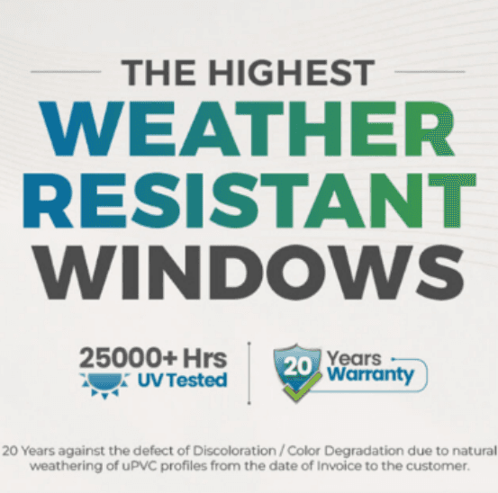 Skillstech uPVC windows 25000 hours UV tested with 20 year warranty banner