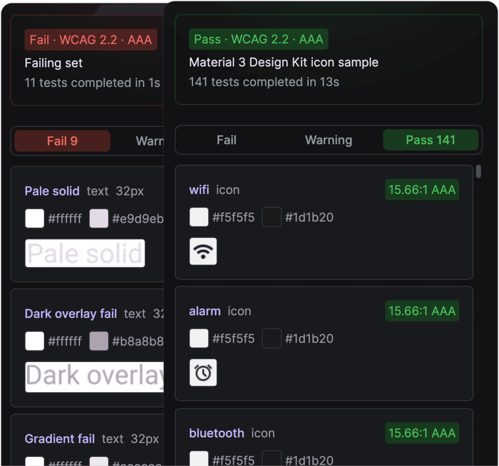 Perception screnshots of passing and failing test results