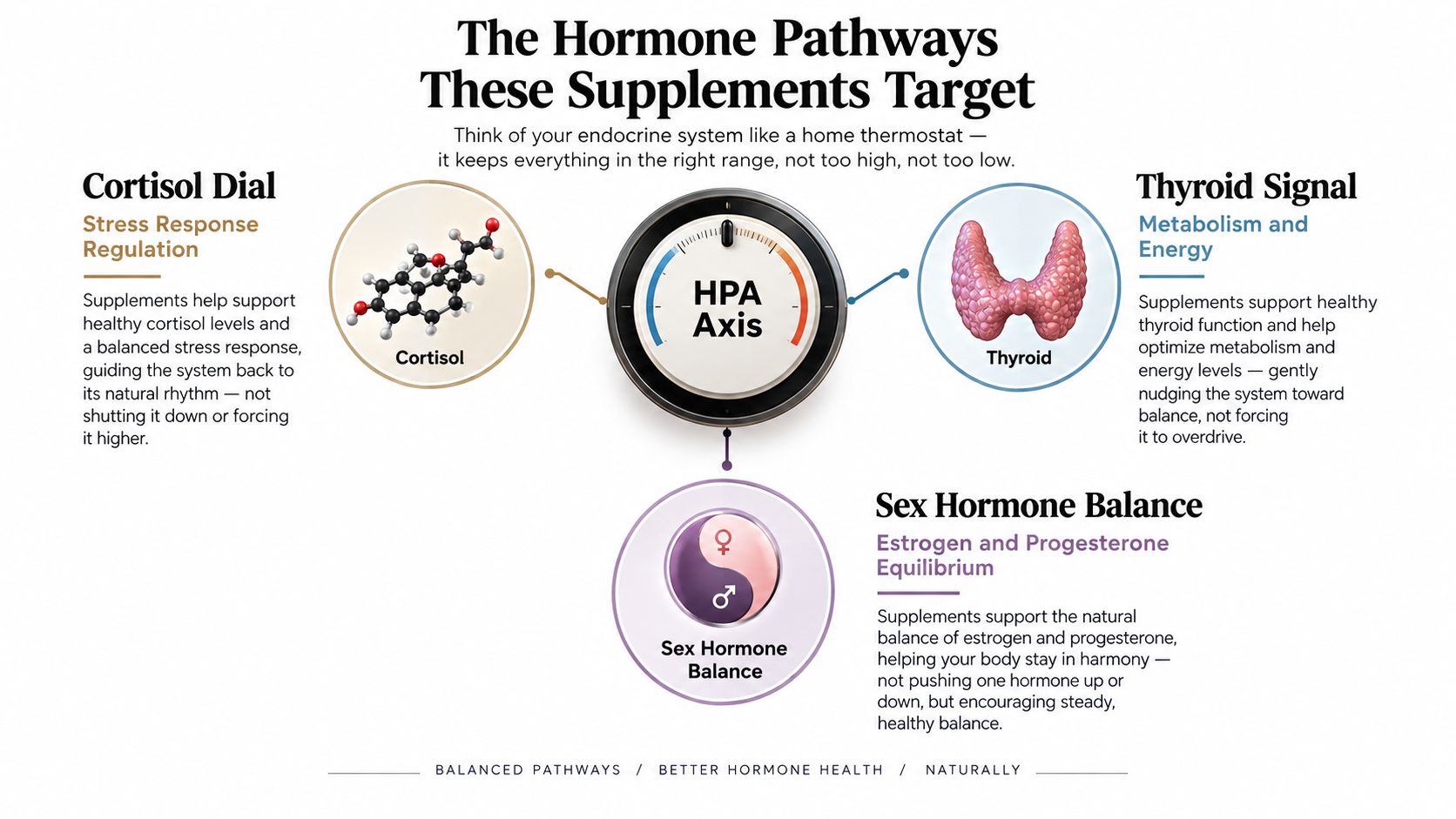 A diagram illustrating how supplements target cortisol, thyroid, and sex hormone pathways for balanced hormone health.