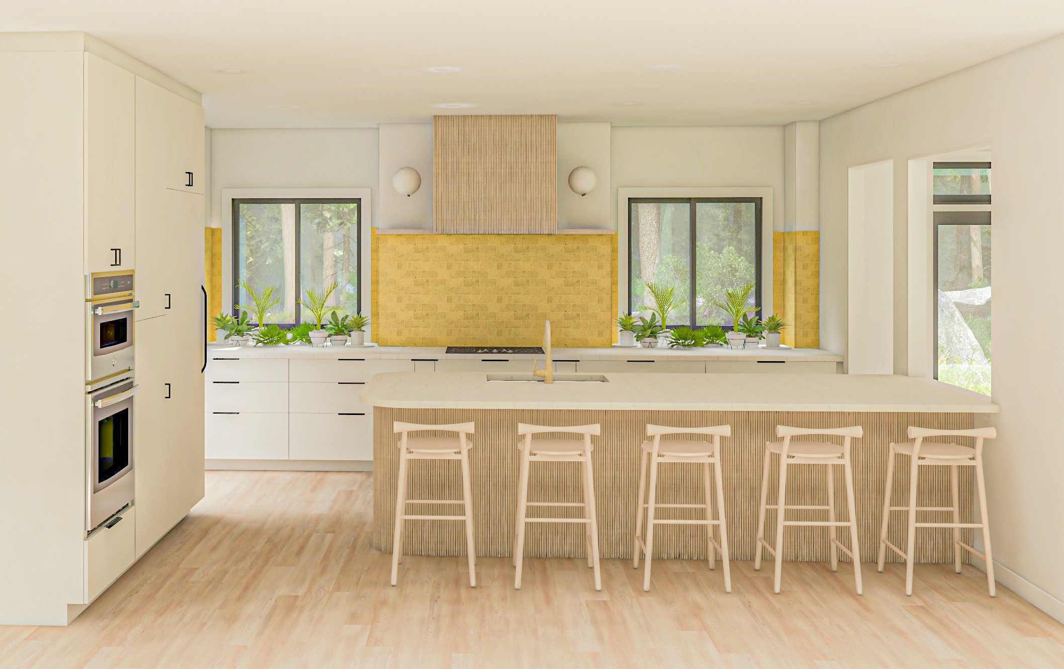 Image of Modern kitchen interior design with island, furniture, and window coverings by KHD Homes design-build team.