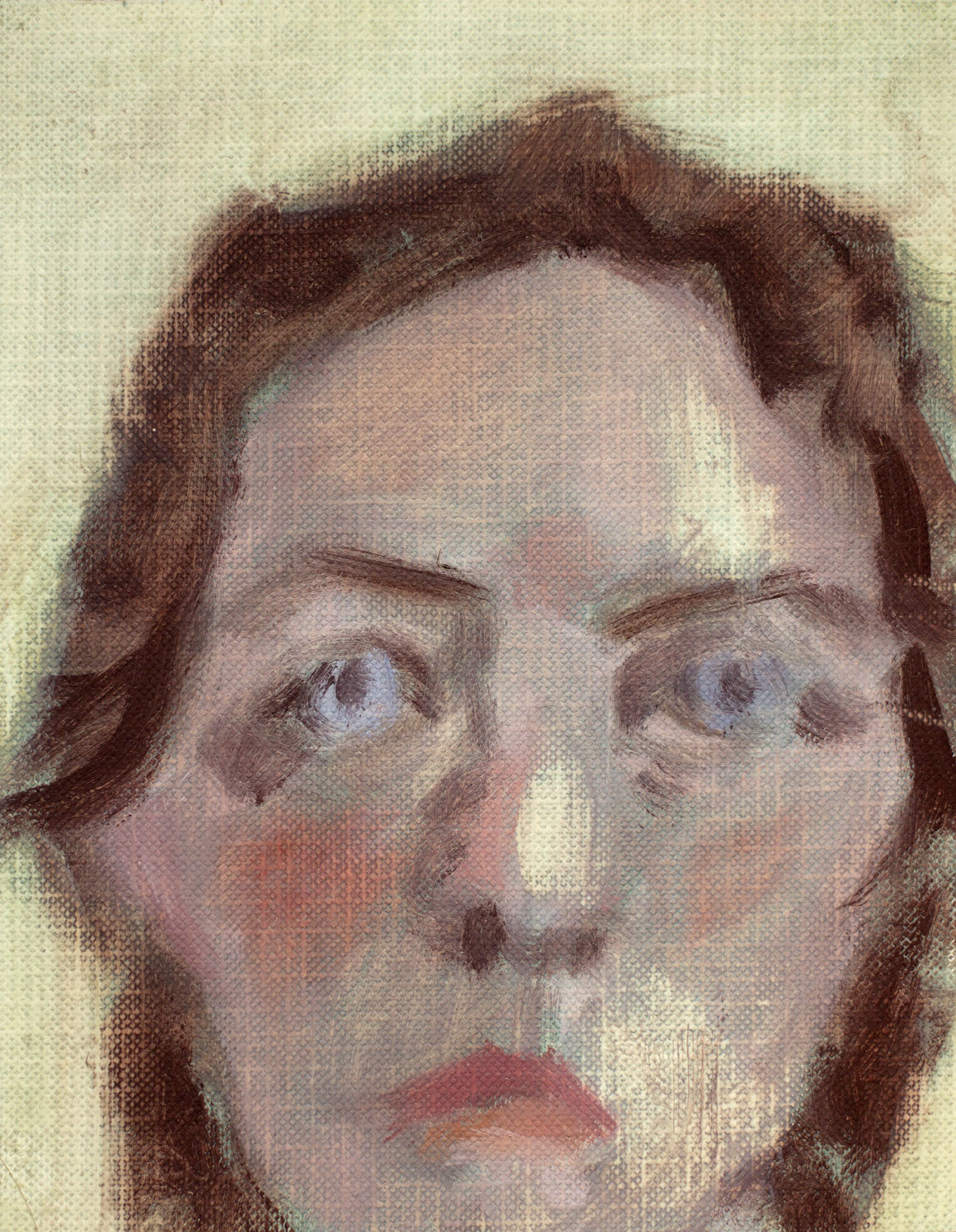 Blue-eyed and red, 2022, oil on paper, 5x4"