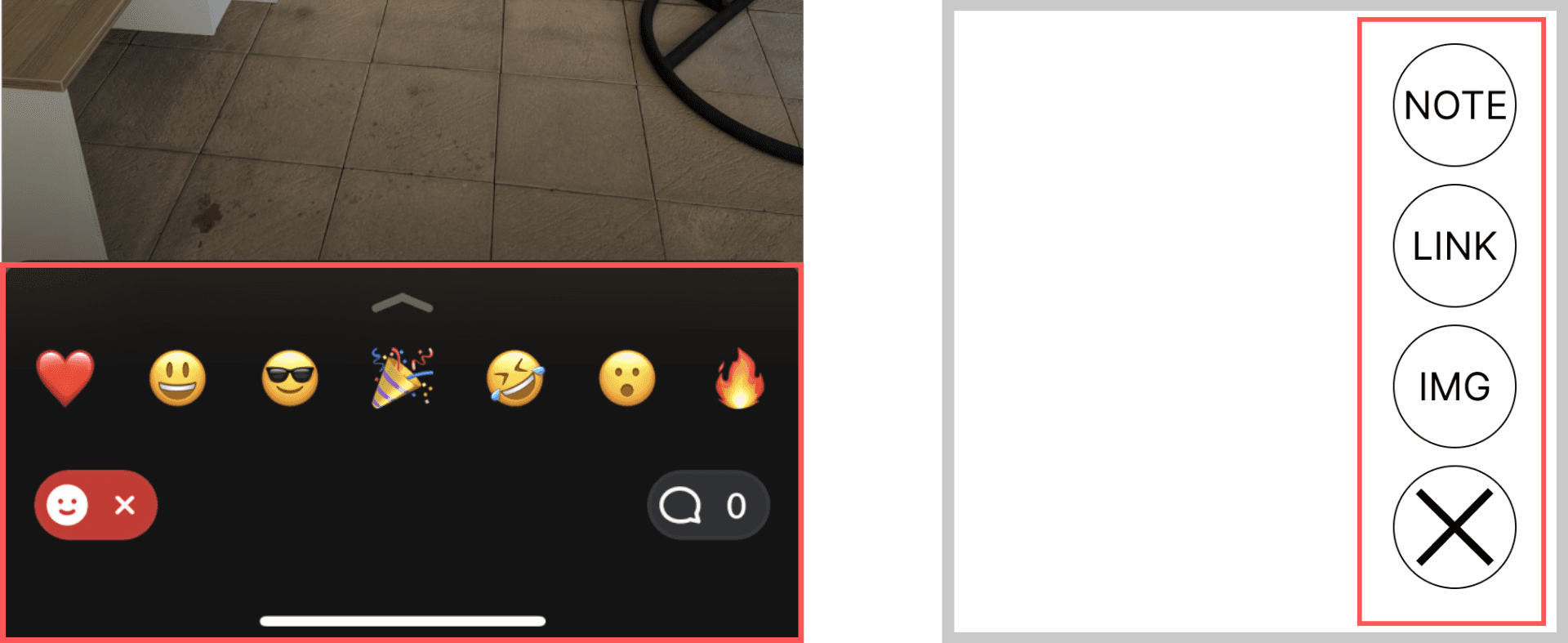 Two UI mockups. One shows emoji reactions above a photo. The other displays a vertical menu with icons labeled NOTE, LINK, IMG, and X.