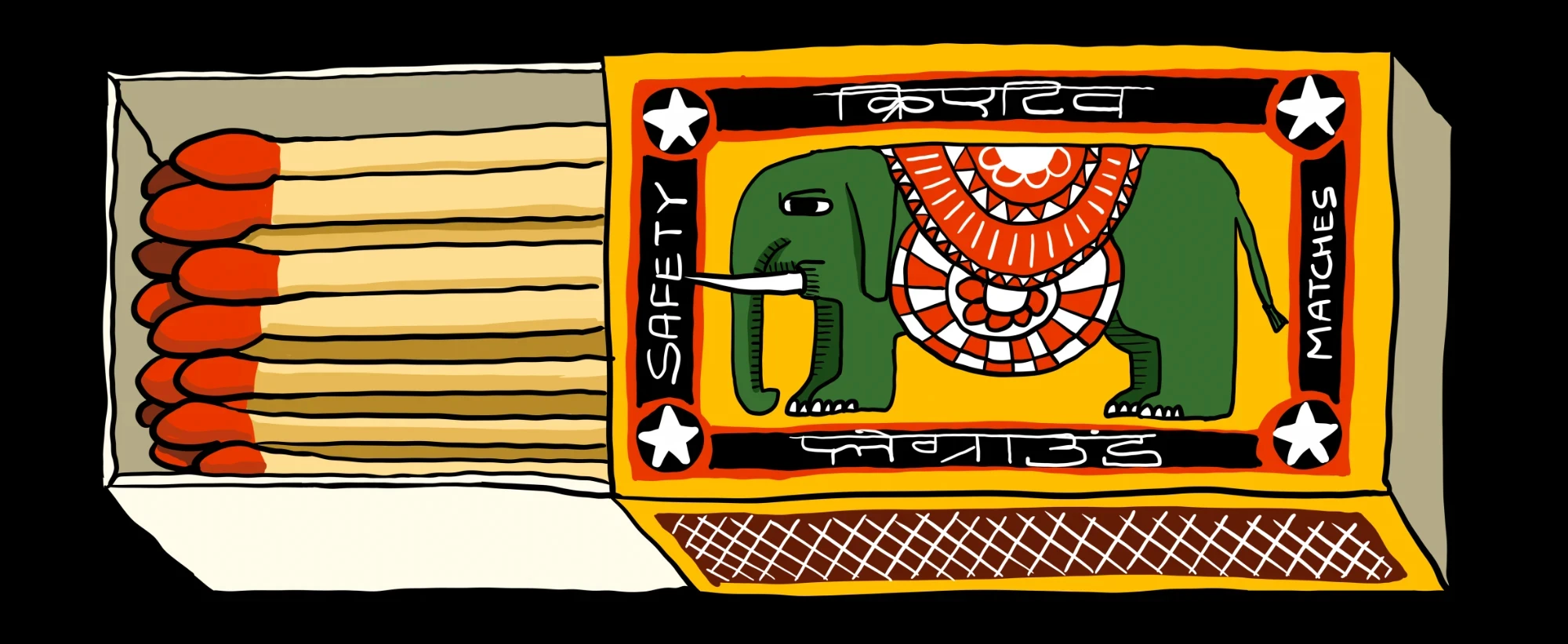 Matchbox artwork: a matchbox with an elephant label