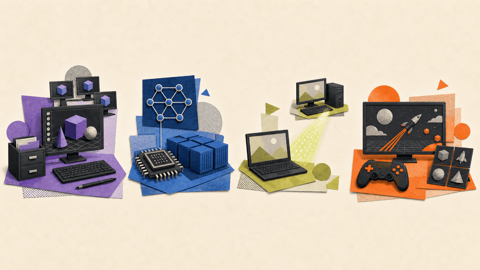 Four illustrated stations showing a creative cloud workstation, GPU computing, remote-access software, and consumer cloud gaming as different service categories.