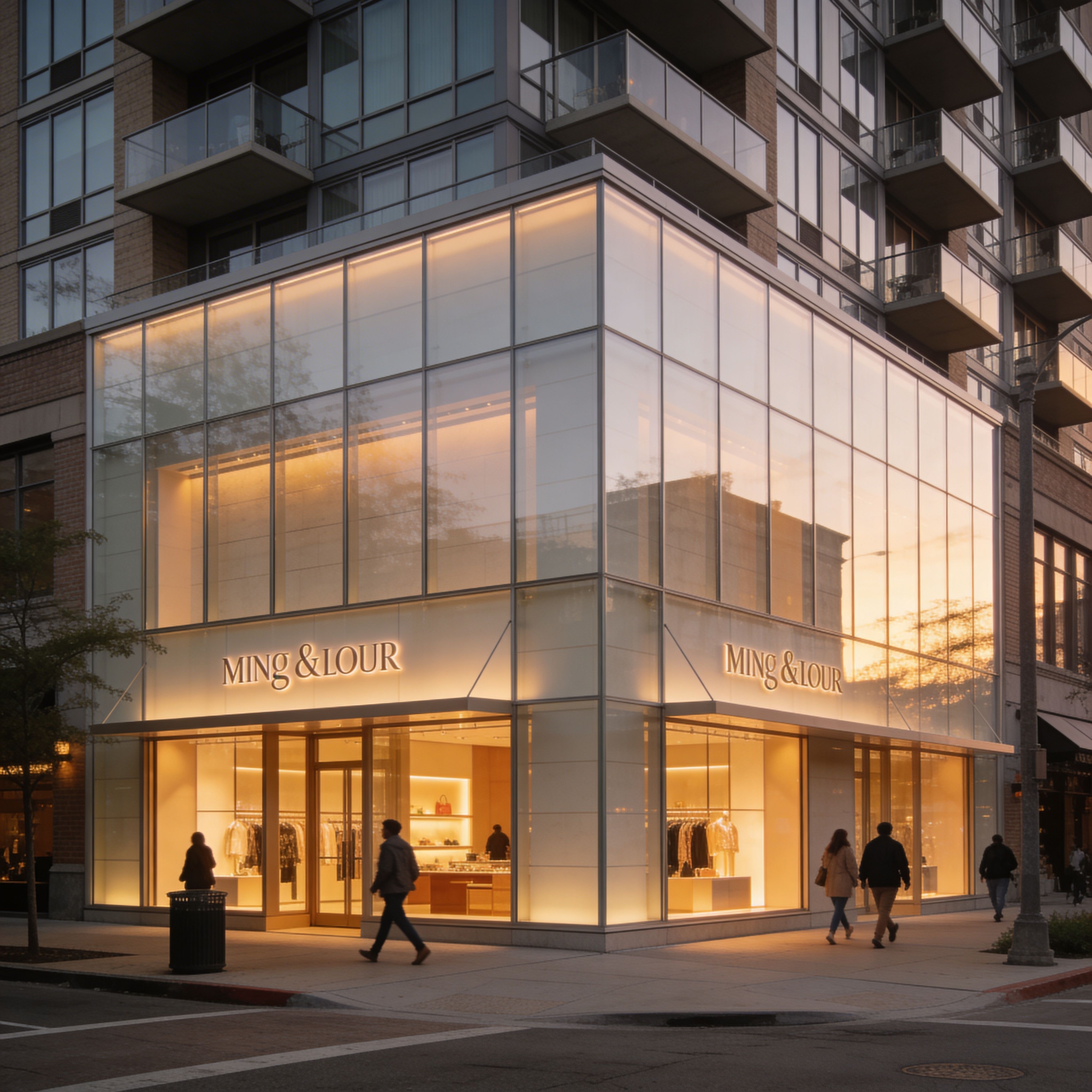 Luxury retail storefront with glass facade and warm lighting on a city street corner