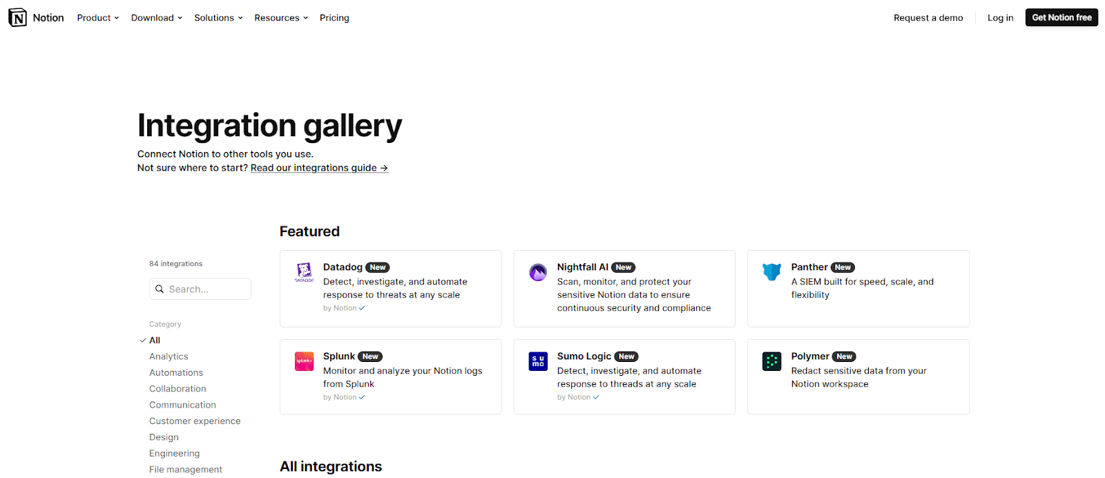 Screenshot of Notion's integrations gallery