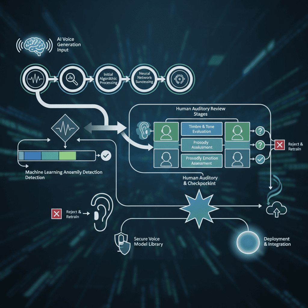 AI voice generation workflow showing quality assurance steps and best practices implementation