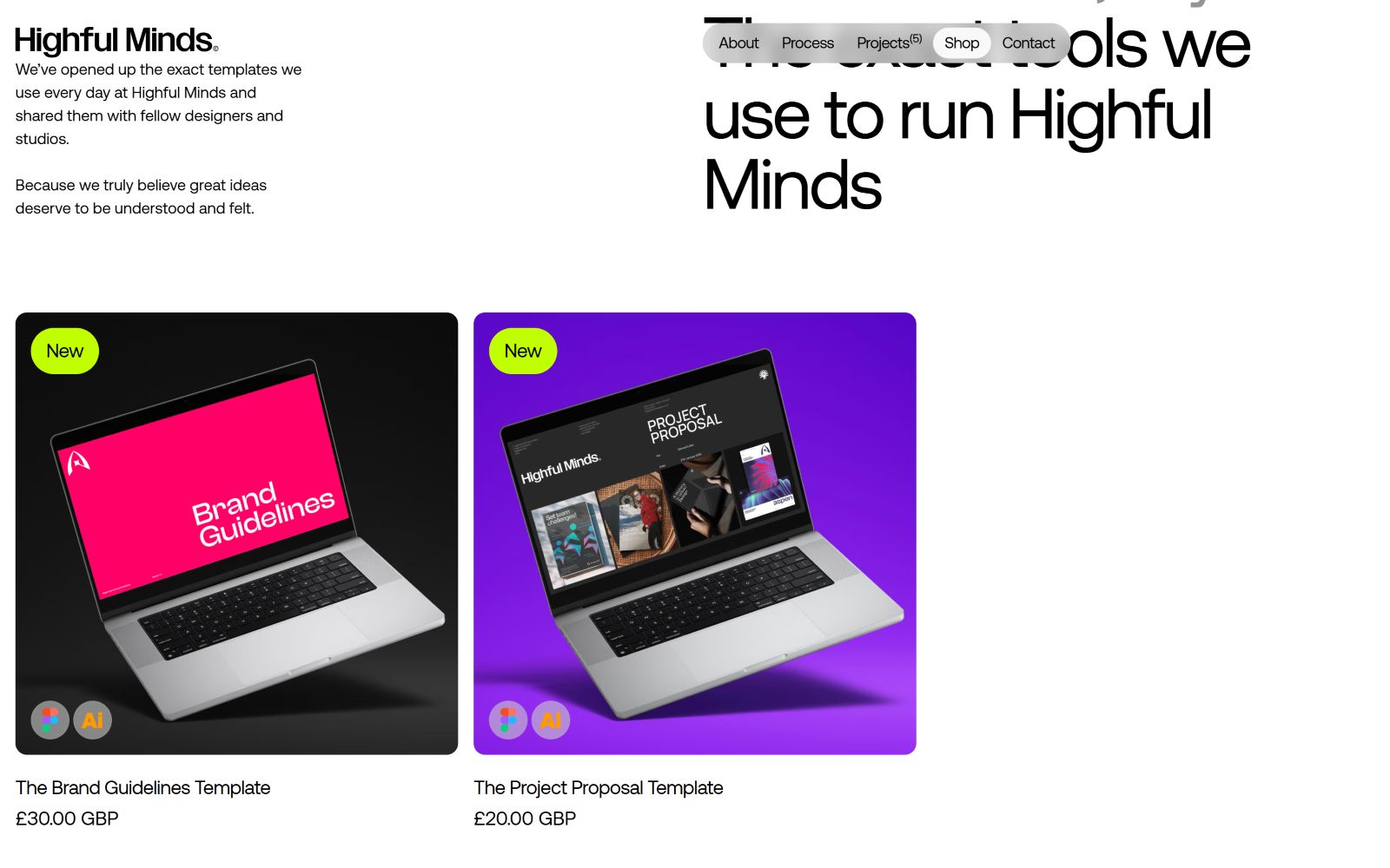 Tools we use to run Highful Minds. Two laptop images with template previews and prices: £300.00 and £200.00 GBP.