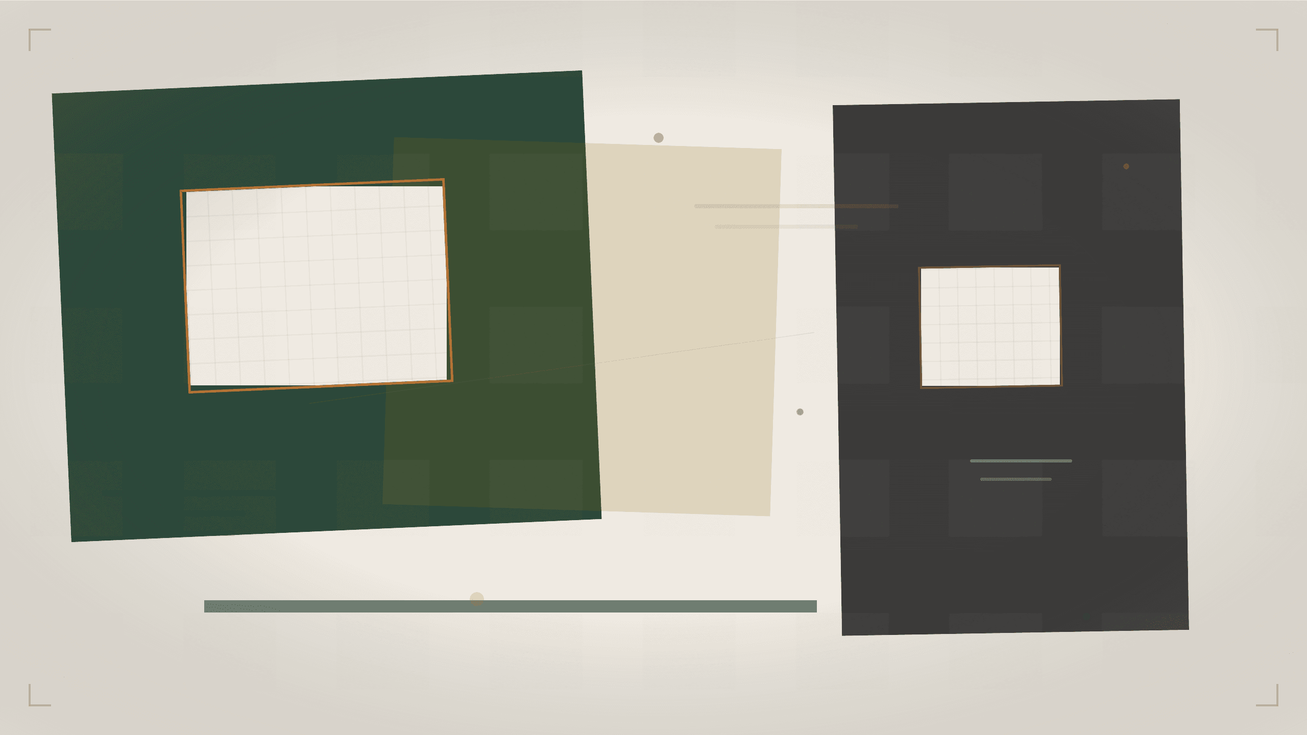 Abstract editorial composition of overlapping geometric planes in deep forest green, ink charcoal, and aged copper tones on a warm off-white ground, with rectangular cutouts revealing finer grid layers beneath — evoking the concept of looking past surface polish to examine what lies underneath when vetting a video production company.